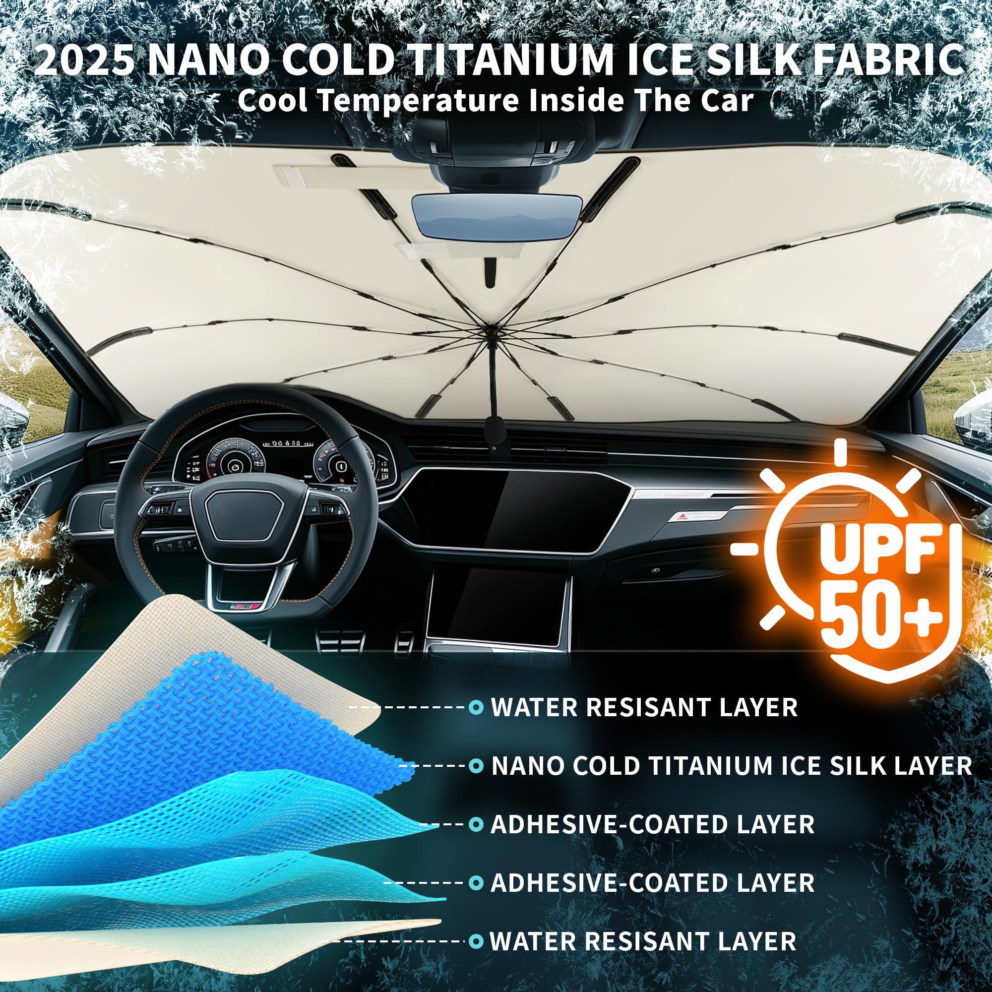 2025 Car Windshield Sun Shade Umbrella, 57''*33'', Foldable Sun Shade for Car Windshield Umbrella, UPF 50+ and Heat Protection,