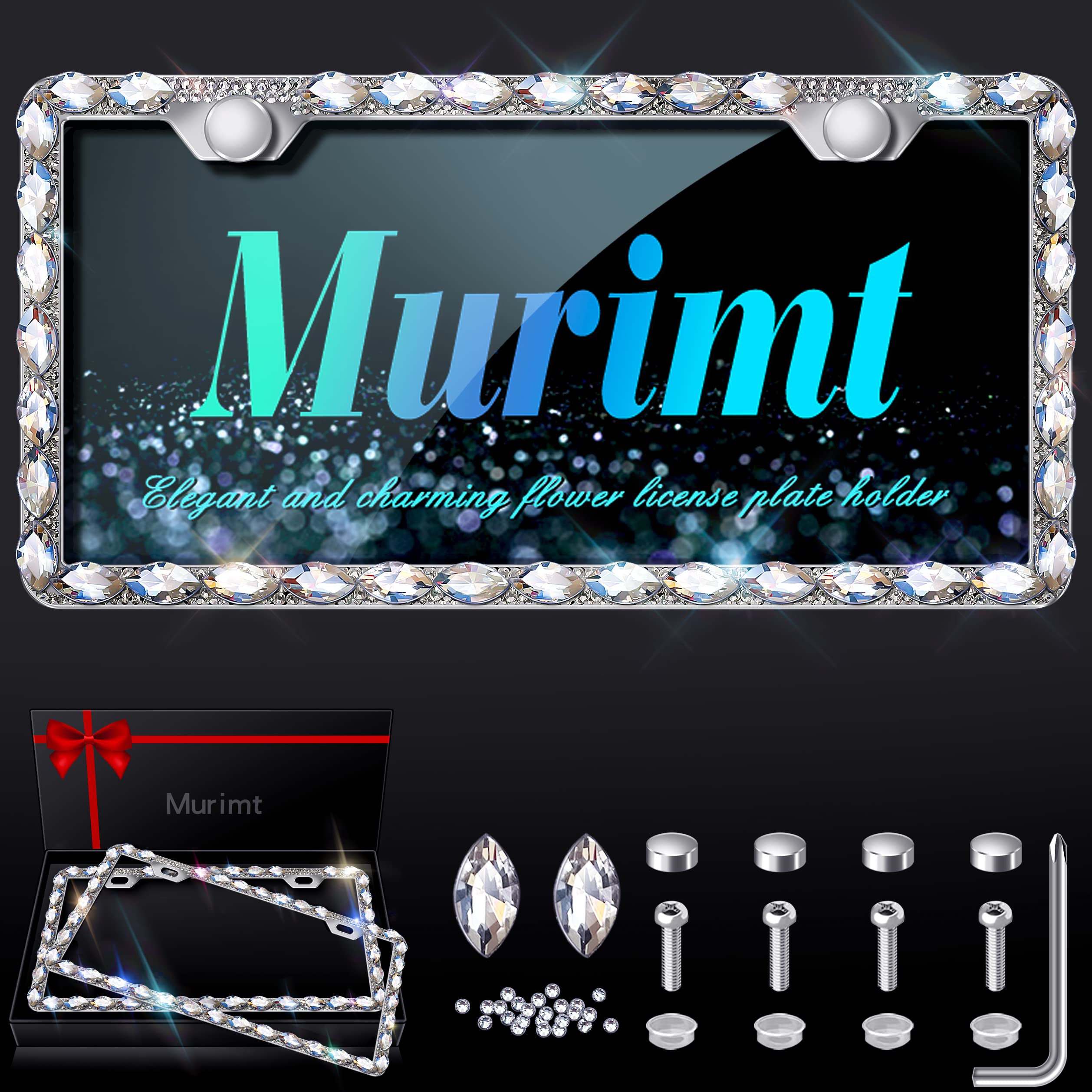 Murimt 2 Pack Bling License Plate Frames For Women With High End Ribbon Gift Box,Rhinestone Sparkly Diamond License Plate Holder