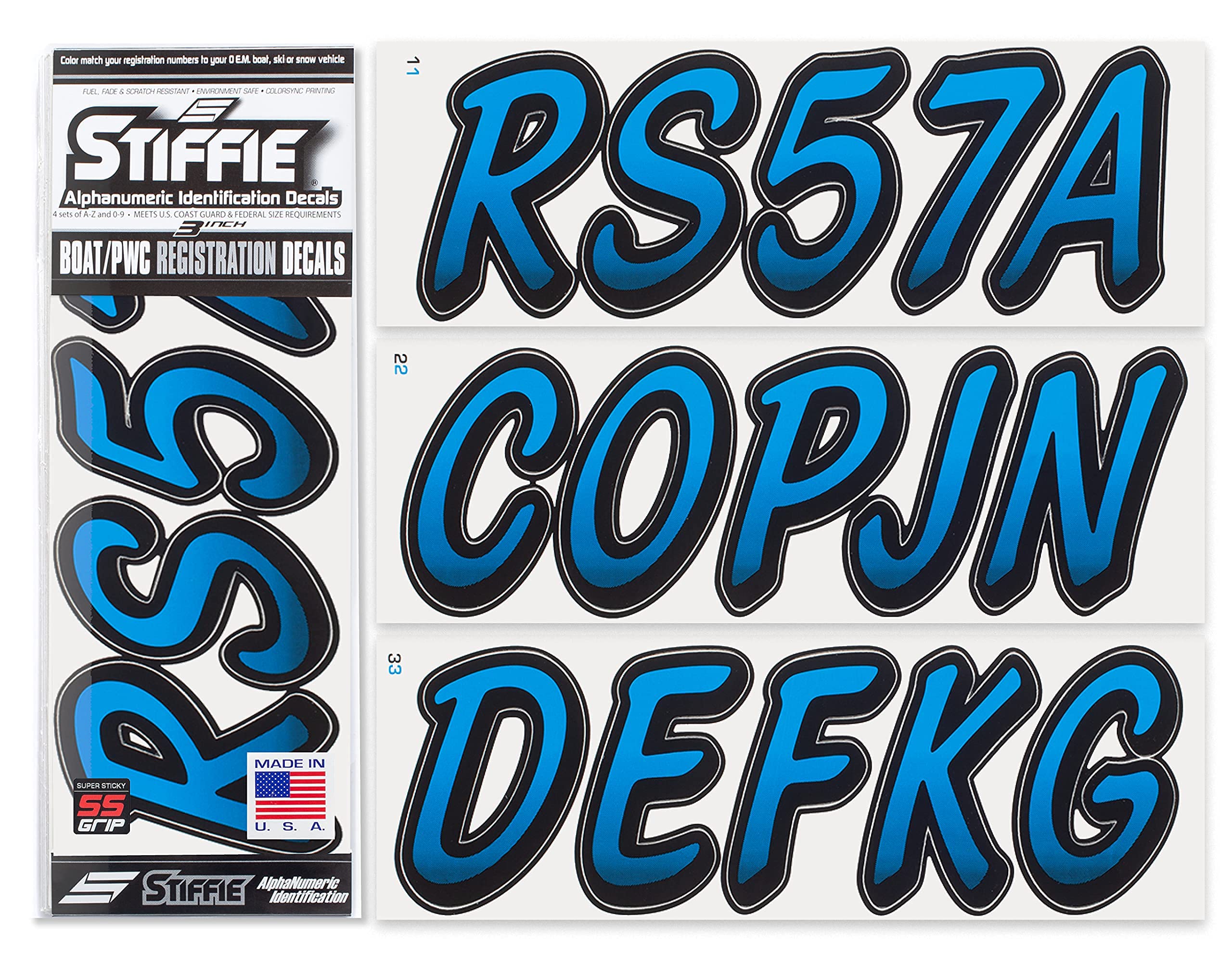STIFFIE Whipline Blueberry/Black 3'' Super Sticky Boat & PWC Registration Decals  Numbers Letters Stickers