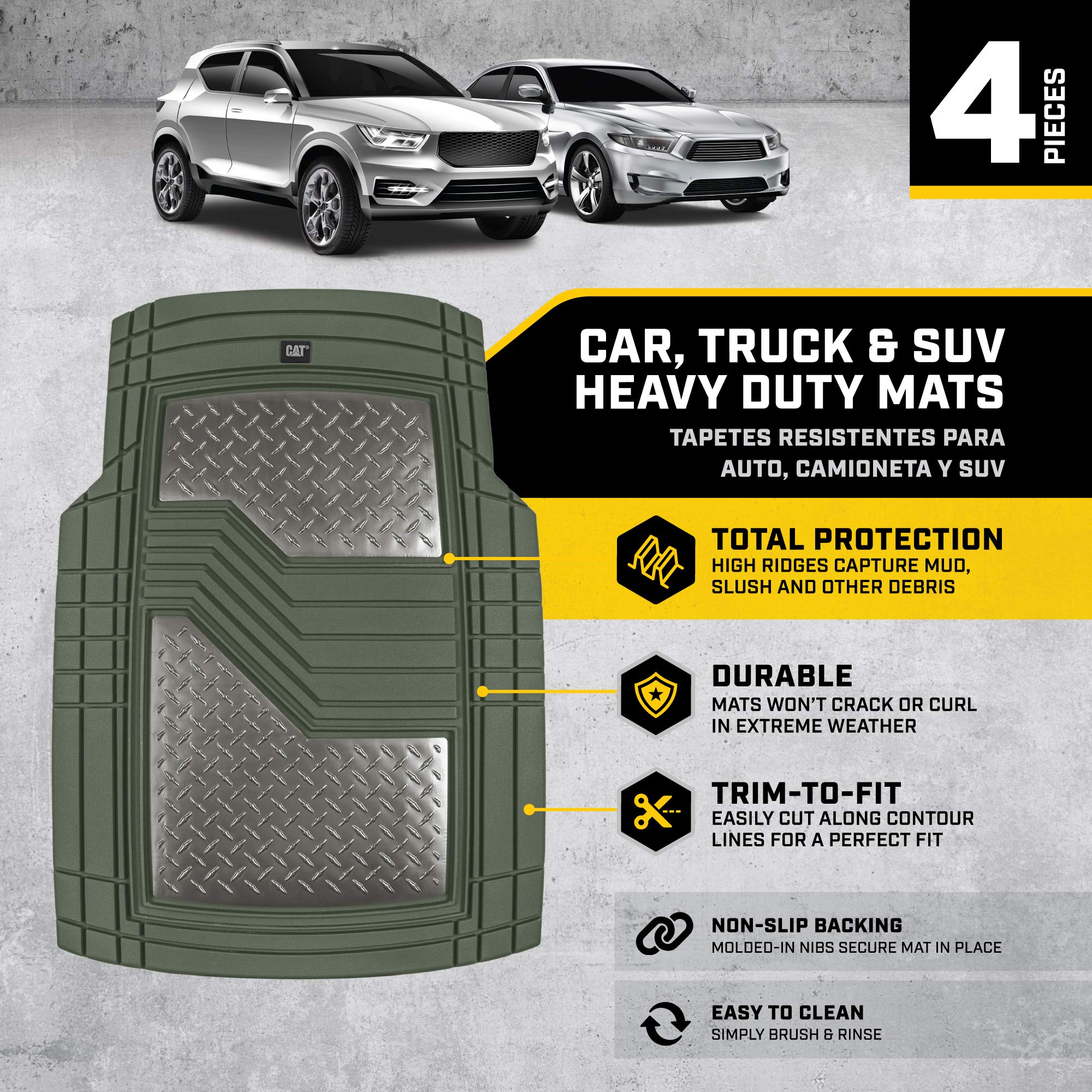 CAT DiamondShield Rubber Floor Mats for Cars, Trucks, SUVs - All Weather Protection Front & Rear Set, Heel Pad & Anti-Slip Backi
