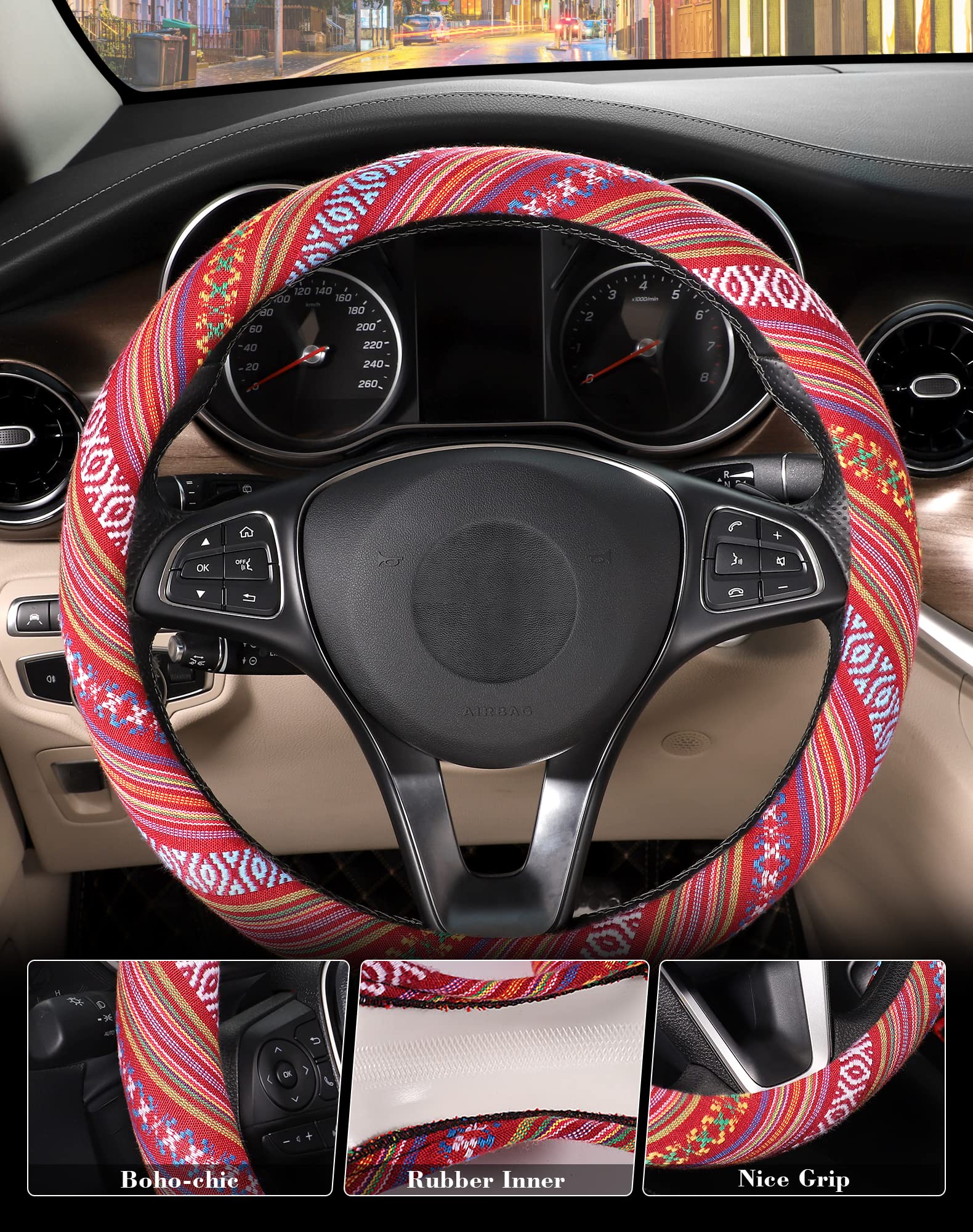 Seg Direct Boho Steering Wheel Cover With Baja Blanket Cloth, Ethnic Style Auto Wheel Cover Made Of Coarse Flax, Fits 14 1/2-15