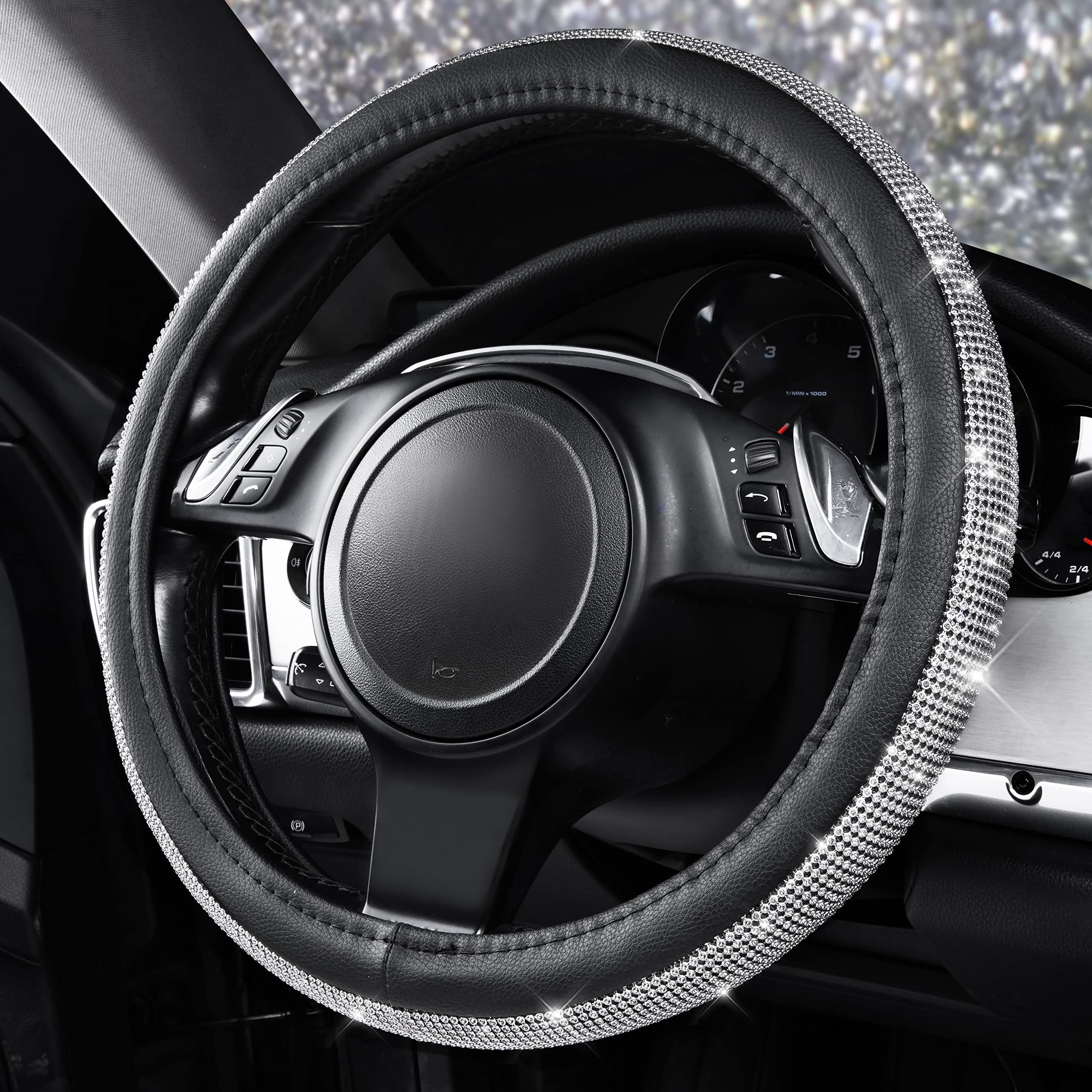 Car Pass Bling Diamond Leather Steering Wheel Cover, With Bling Sparkly Crystal Glitter Rhinestones Universal Fit 14.5In-15In Ca
