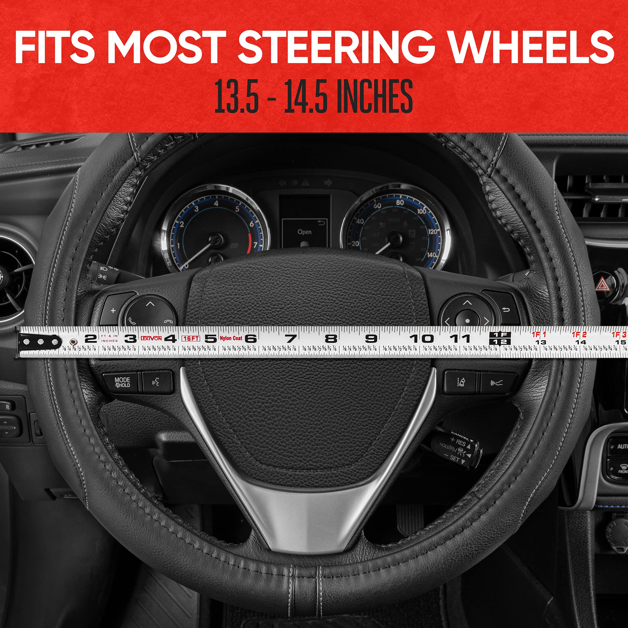 Motor Trend SW-761-GR-M__AM GripDrive Synthetic Leather Auto Car Steering Wheel Cover Black w/ Gray Accent Stitching Comfort Grip - Standard 15 inch