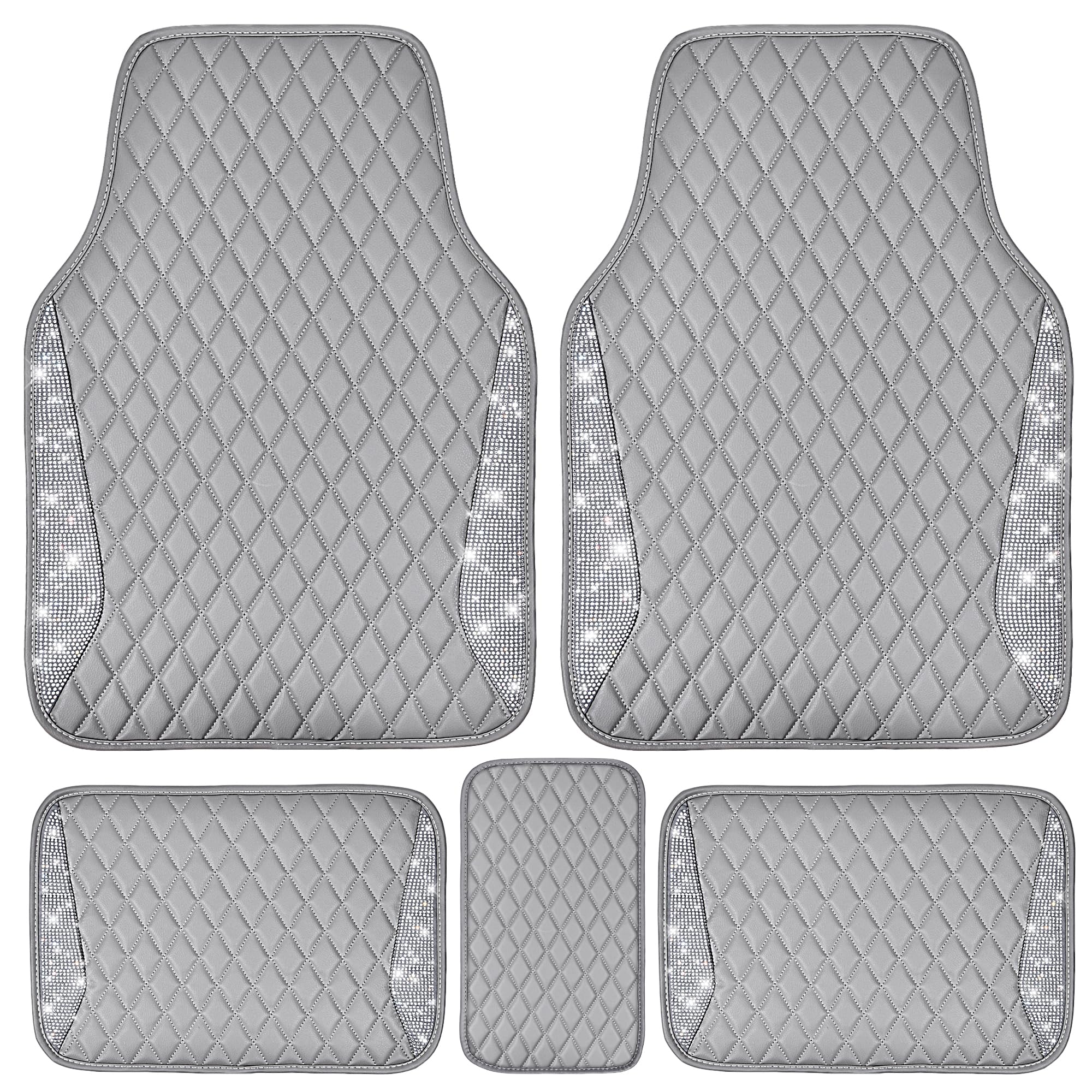 Car Pass Bling Diamond Car Mats Gray Leather Floor Mats Sparkly Glitter Crystal Shining Rhinestone Carpet Anti-Slip Waterproof P