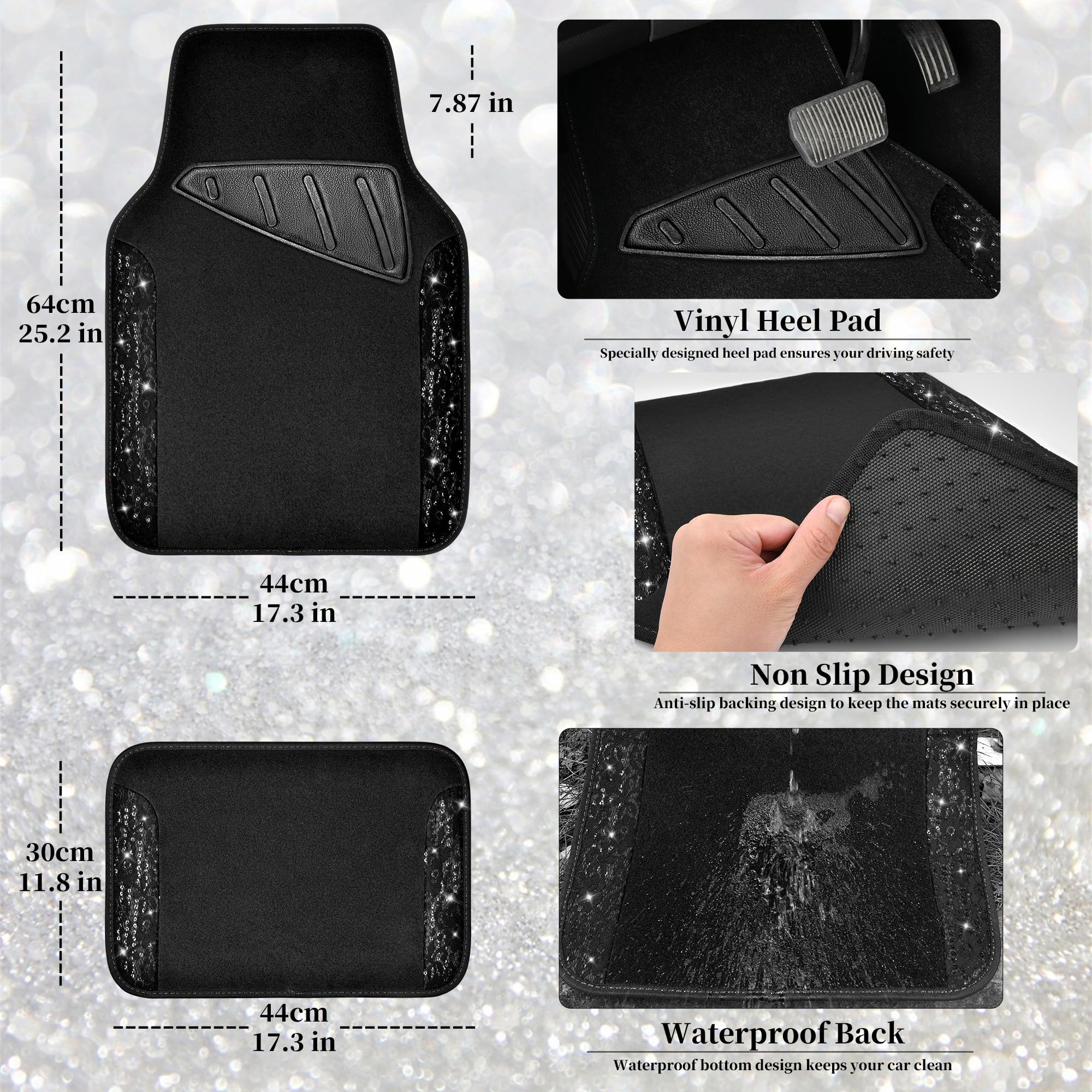Car Pass Universal Black Leather Lace Car Seat Covers Full Set For Women Girls,Waterproof Car Floor Mats Carpet,Glitter Steering