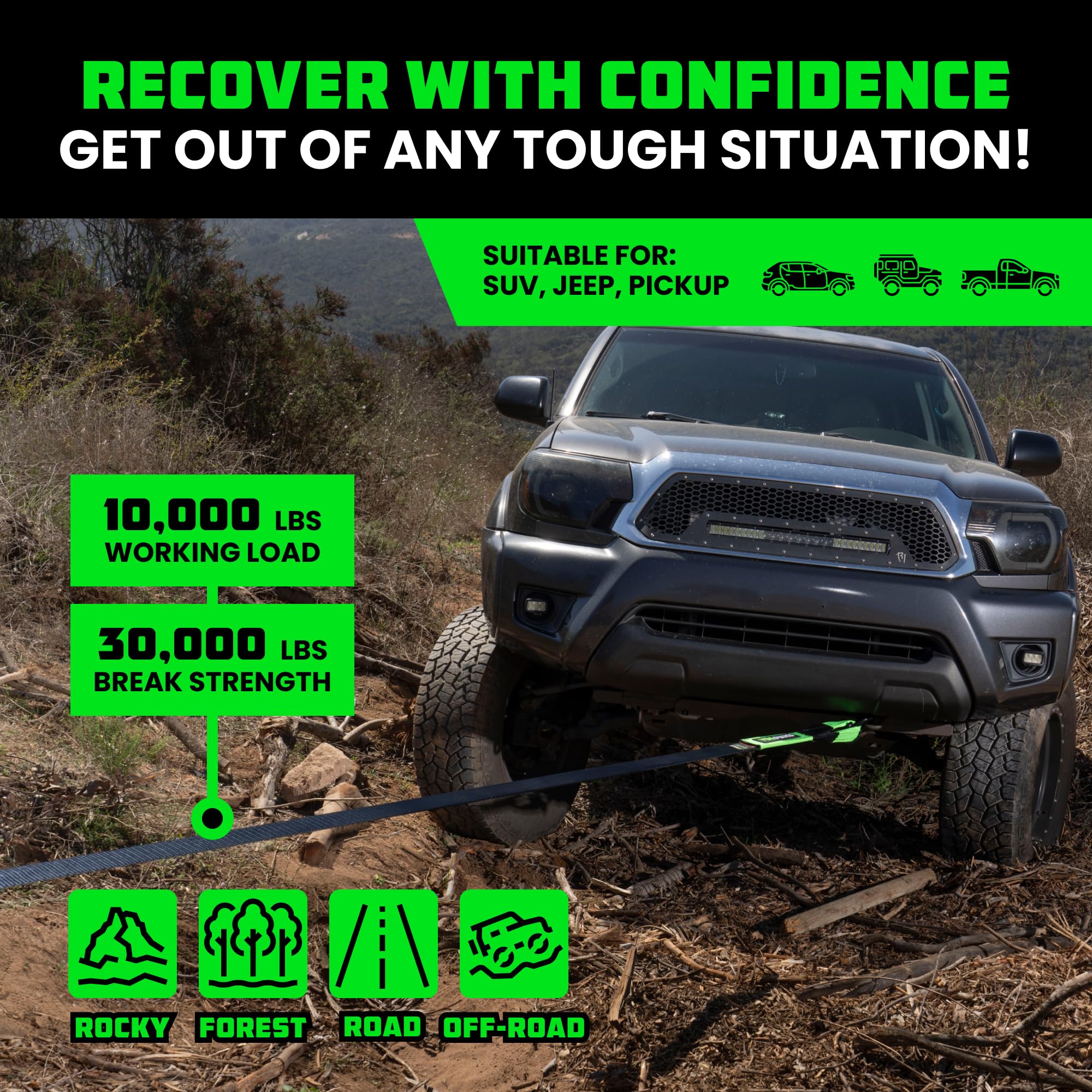 Rhino USA Recovery Tow Strap (3'' x 20') - 31,518lb Break Strength - Emergency Recovery Strap Tow Rope for Truck, UTV, ATV & Mor