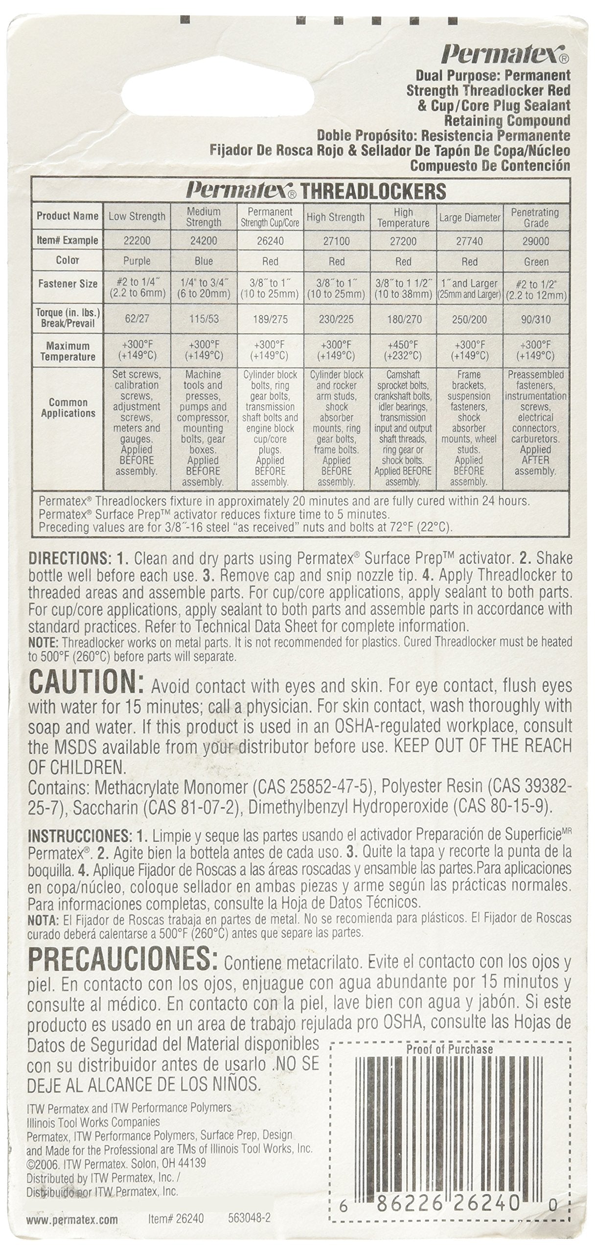 Permatex 26240 Permanent Strength Threadlocker Red, 36 Ml Bottle