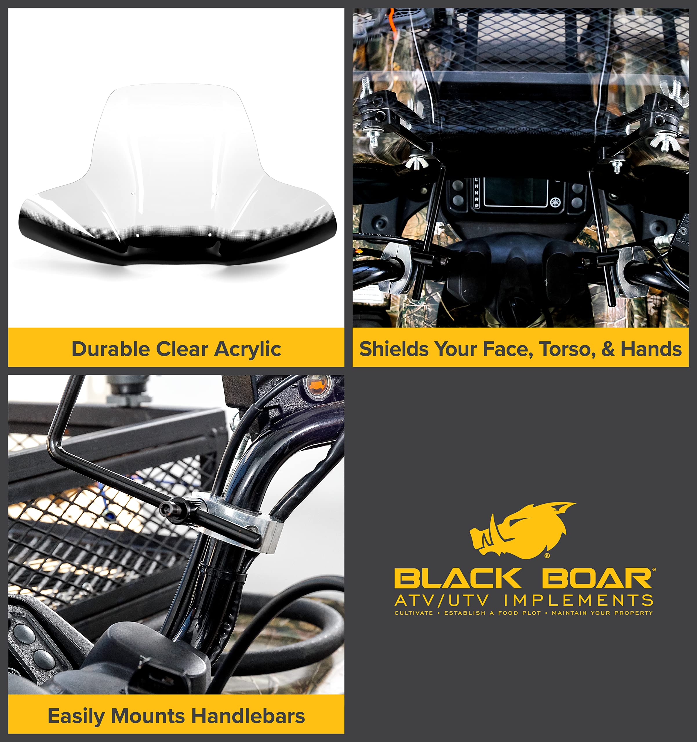 Black Boar Atv Windshield W/Hardware - Features Wrap-Around Design That Shields Hands - Crafted Of Heavy Duty Clear Acrylic - Easily Mounts Onto Handlebars To Deflect Wind, Rain, Mud & Insects (66031)