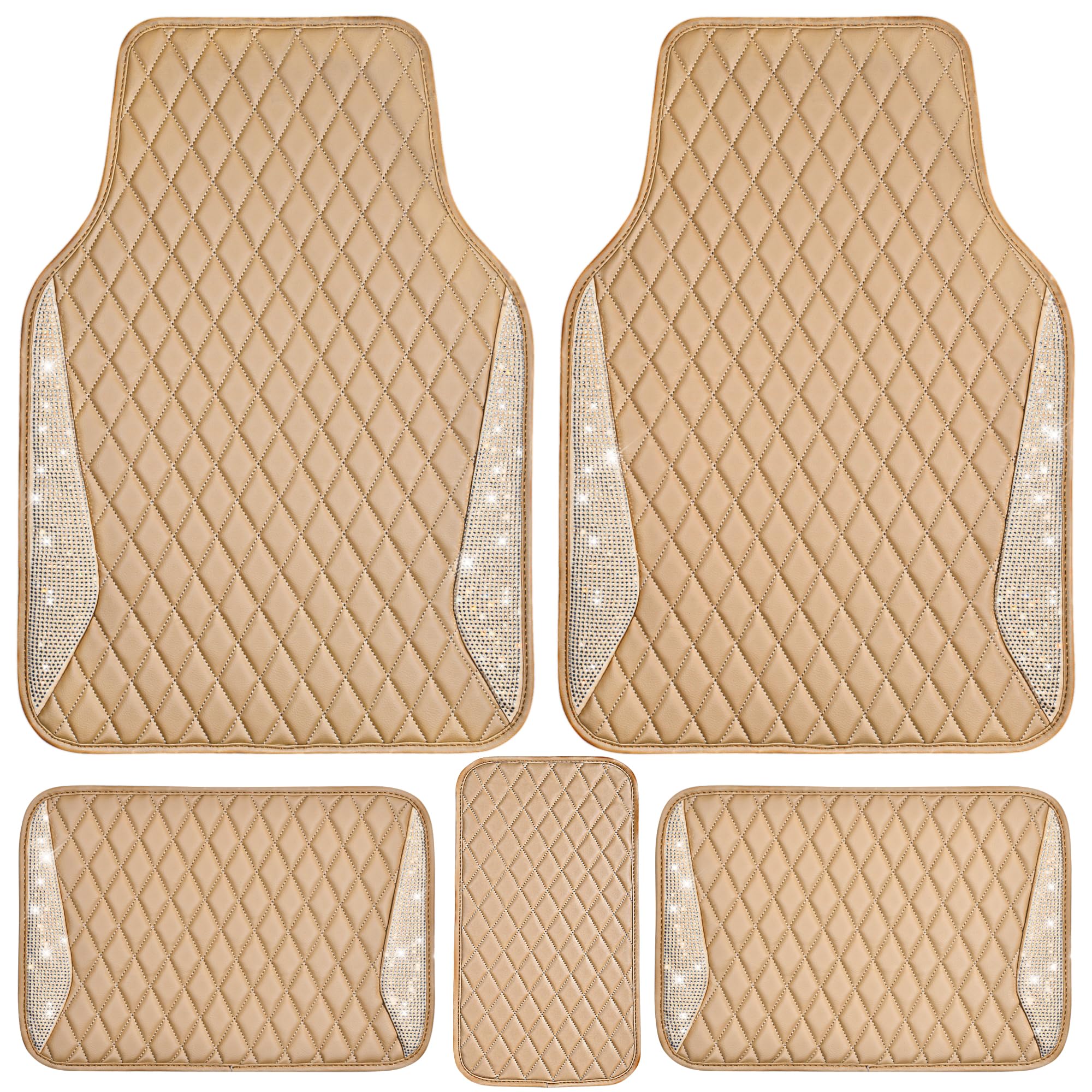 CAR PASS Bling Beige Leather Car Mats Shining Diamond Floor Mats Crystal Rhinestone Sparkly Glitter Carpet Anti-Slip Waterproof 