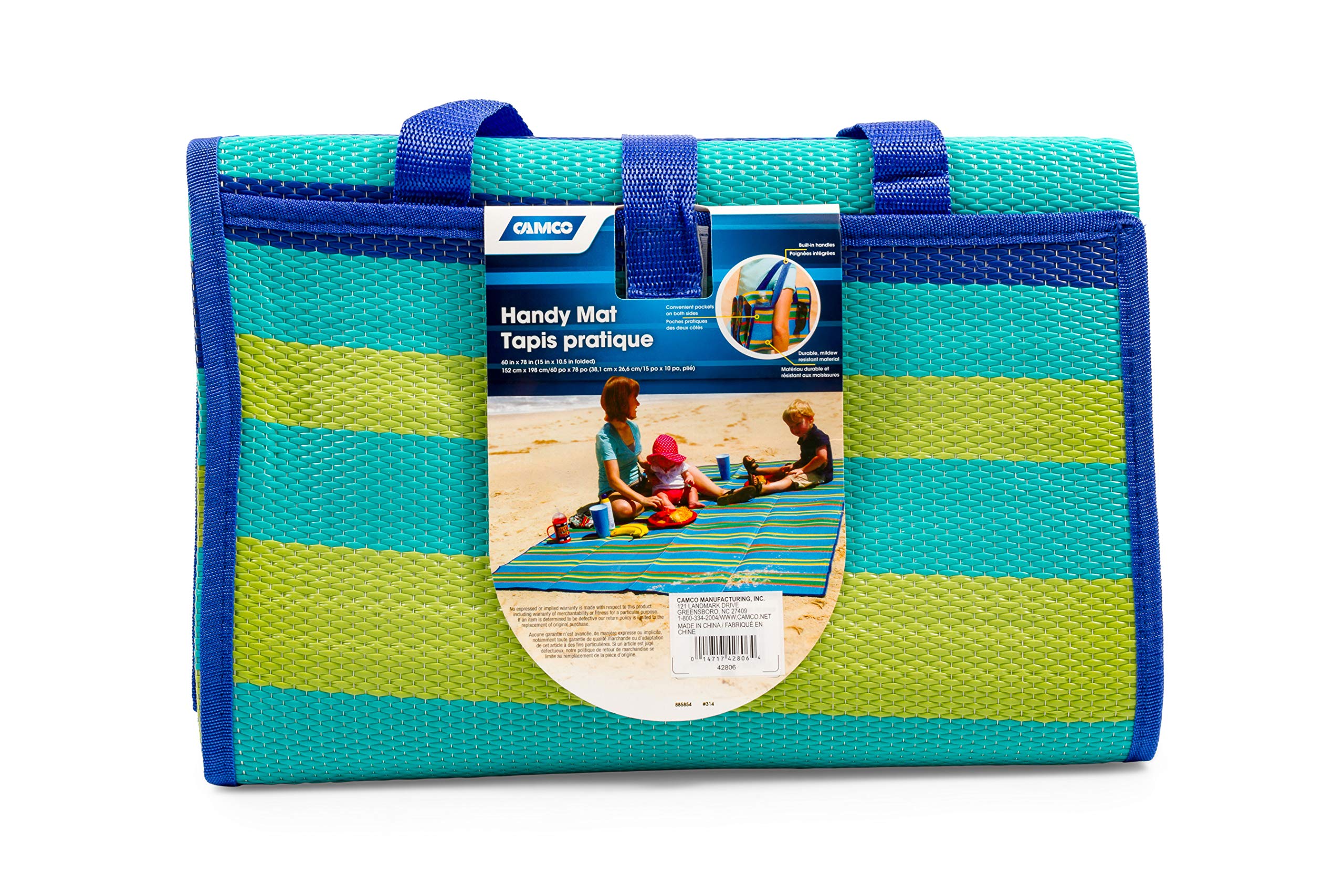Camco Handy Mat With Strap, Perfect For Picnics, Beaches, Rv And Outings, Weather-Proof And Weather Resistant (Green/Turquoise - 60" X 78") (42806)
