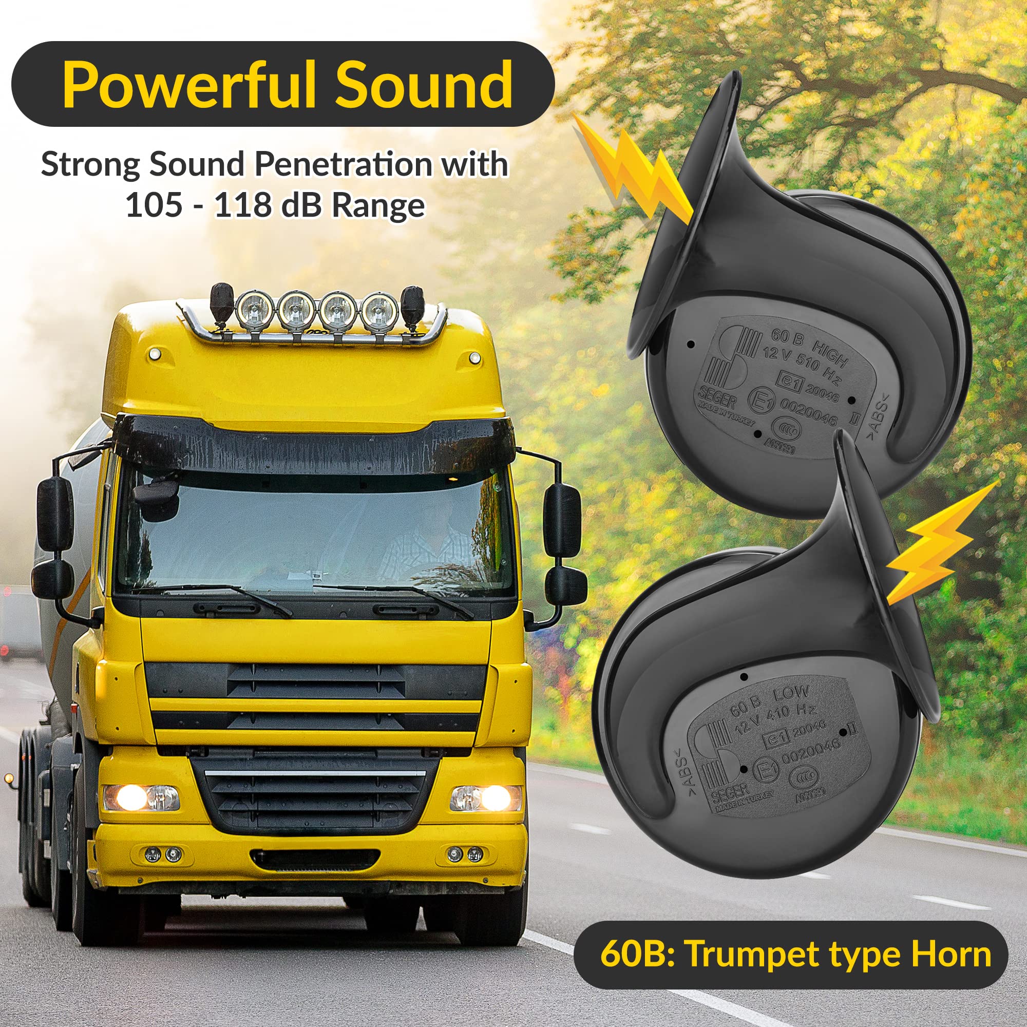 SEGER Trumpet Car Horn Set - Truck Horn - Waterproof - High/Low Tone, 12 Volt, Universal Fit - Original 60B Series - European Ma