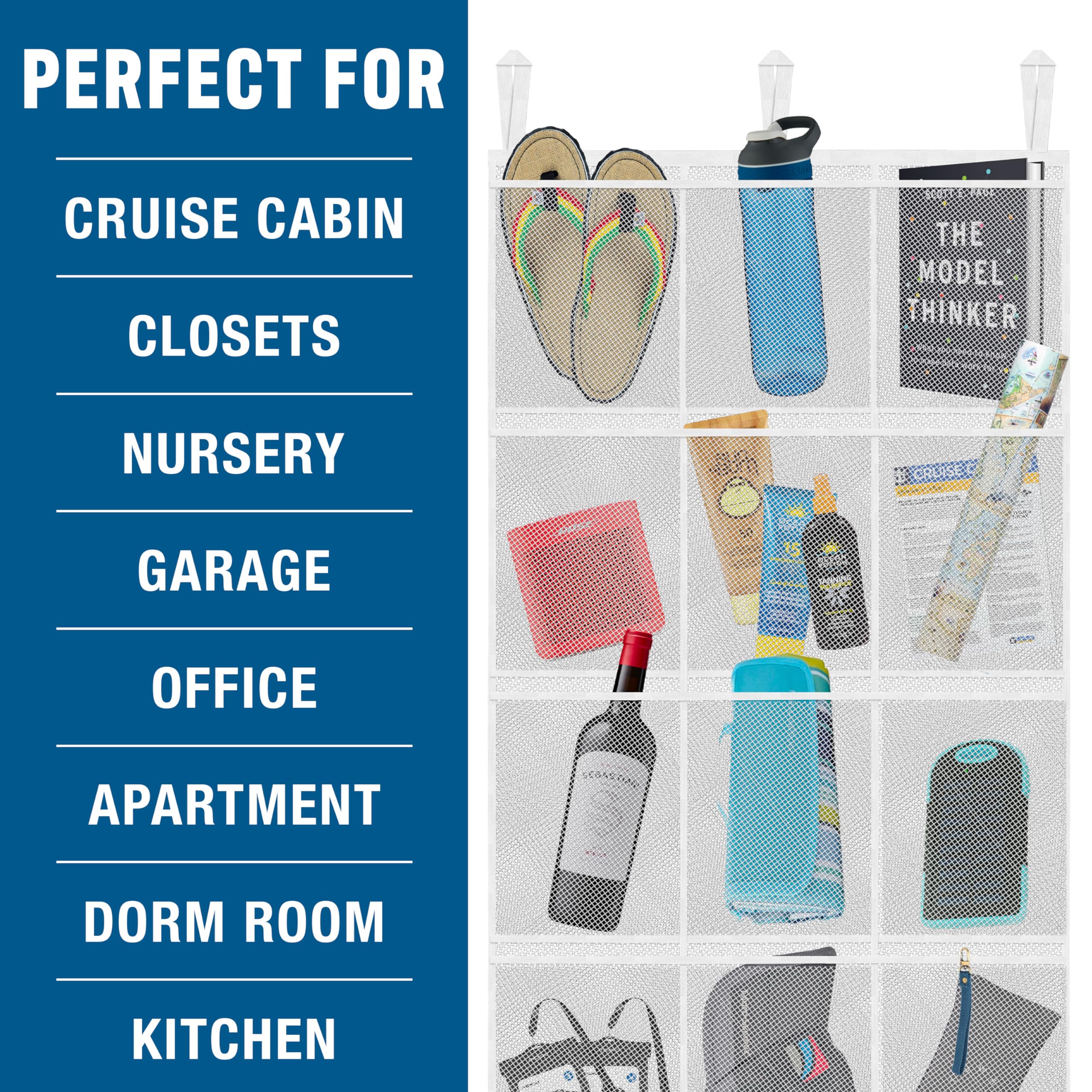 Cruise On Large Mesh Over Door Hanging Organizer 15 Pockets - White Cabin Organization Shoe Holder & Cruise Essentials Storage (