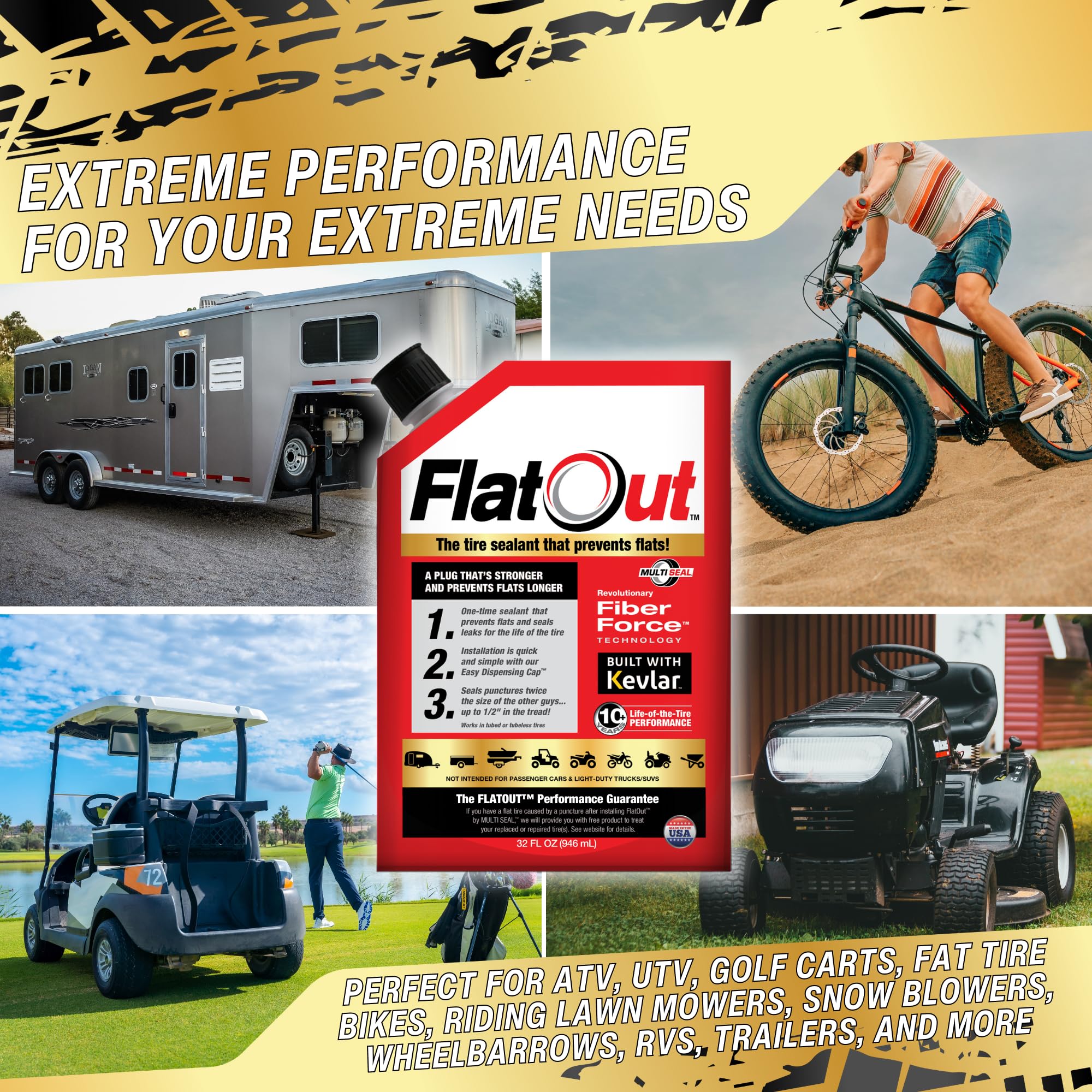 FlatOut Off Road Multi-Purpose Tire Sealant - Prevents and Repairs Flat Tires - Seals Leaks - Contains Kevlar - Tubeless Tire Se