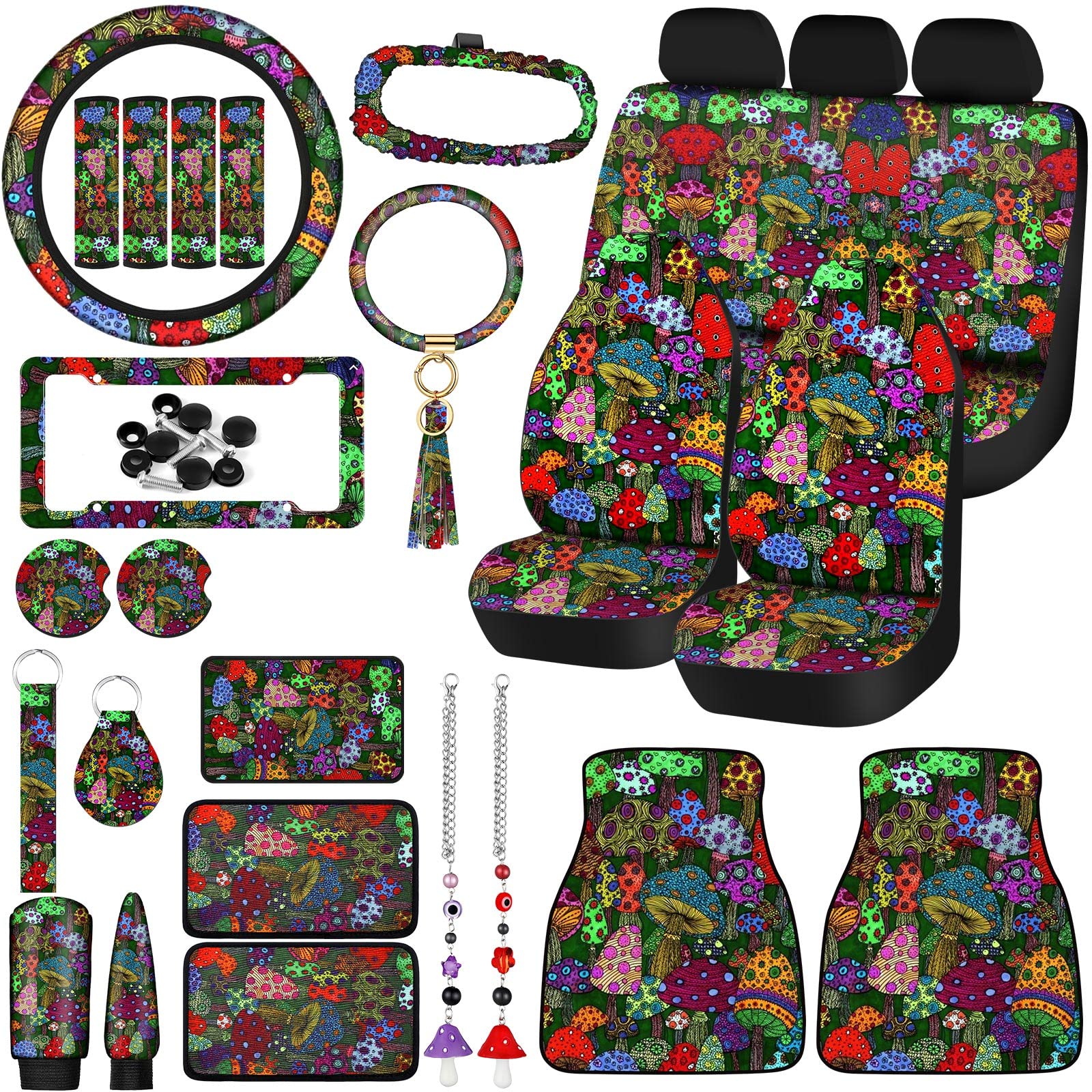Fabbay 26 Pcs Mushroom Car Seat Covers Set with Seats Protectors Steering Wheel Cover Seat Belt Cover Floor Mat Armrest Cushion 