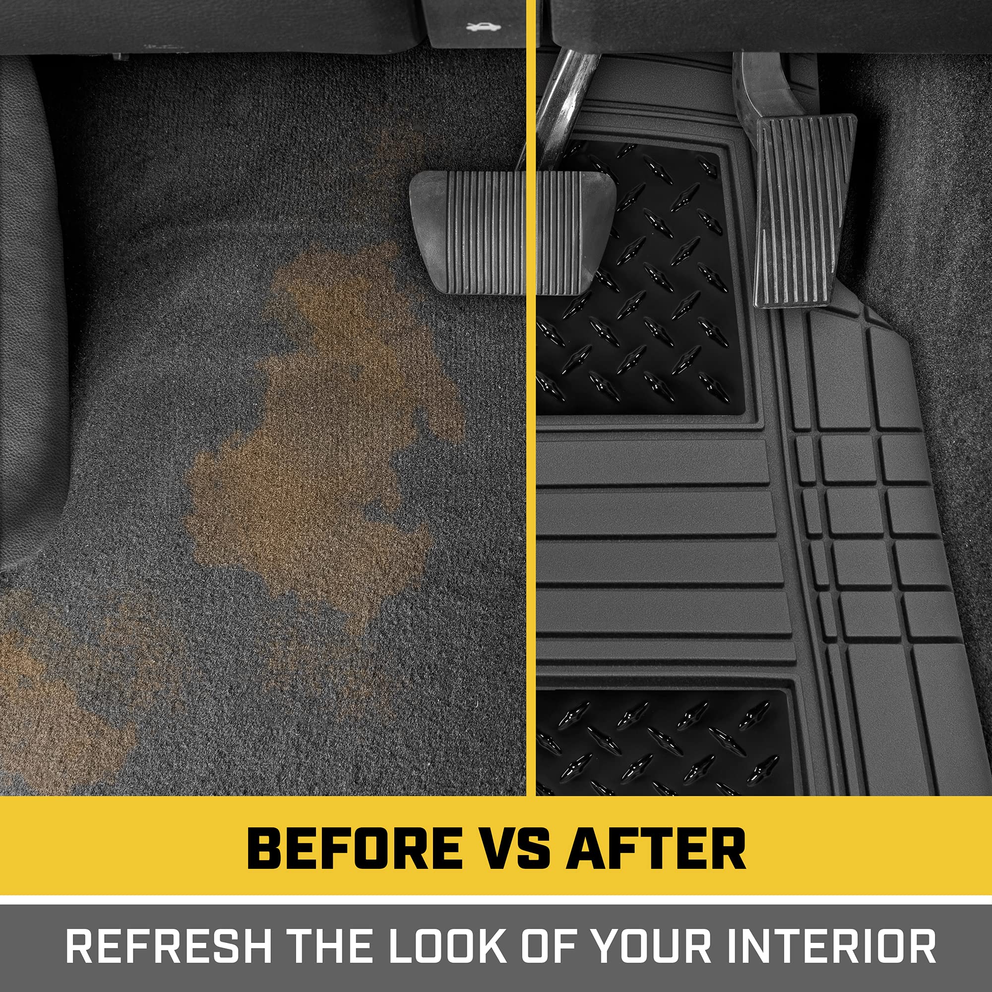 CAT DiamondShield Rubber Floor Mats for Cars Trucks SUVs, All Weather Protection Front & Rear Car Mats Set, Heel Pad & Anti-Slip