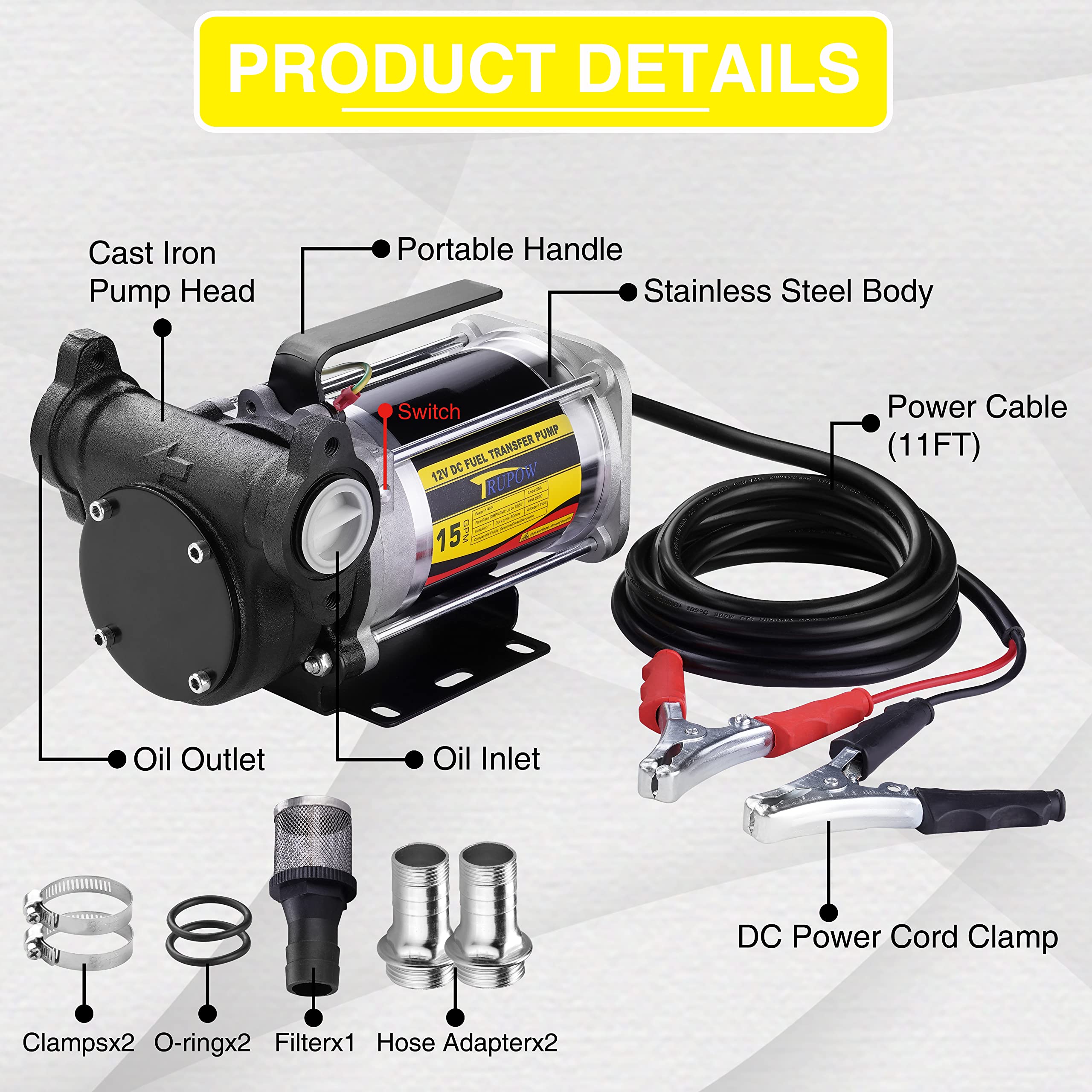 Trupow 12V Dc 15Gpm Self-Priming Heavy-Duty Gasoline Fuel Oil Transfer Pump With Explosion-Proof For Gasoline Diesel Kerosene &