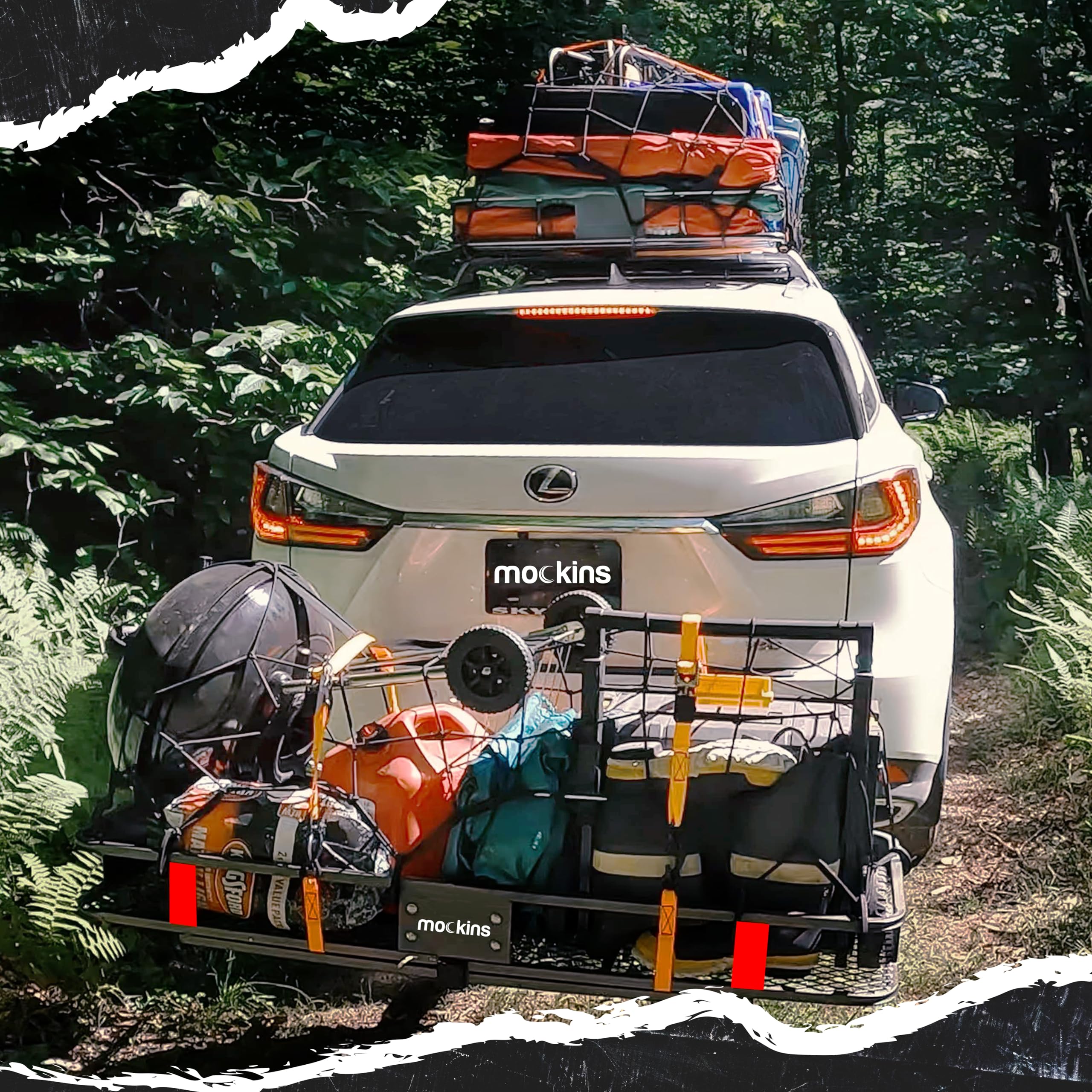 Mockins 60''x20''x6'' Folding Trailer Hitch Cargo Carrier Weatherproof | 500 Lbs Cap Luggage Rack for SUV, Cars & Trucks| Univer