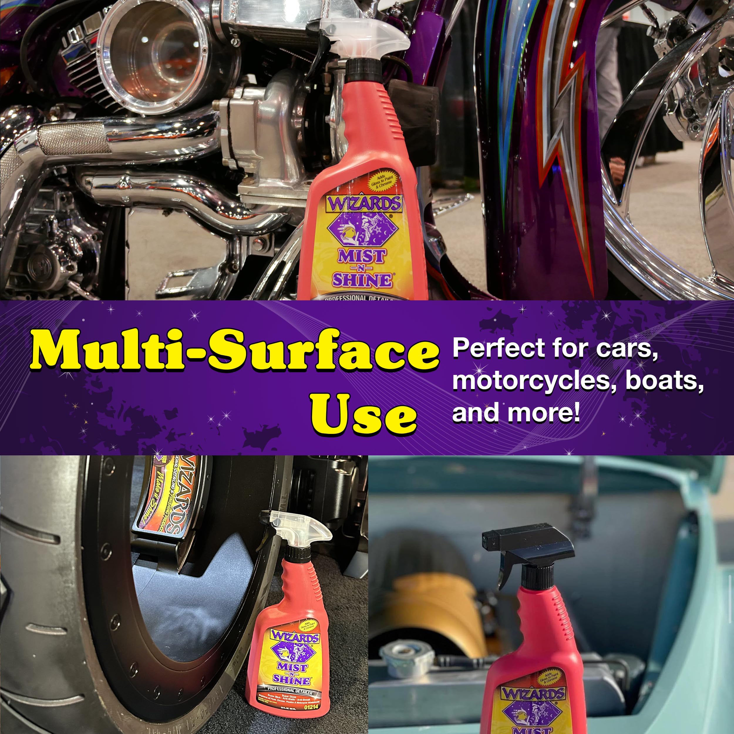 Wizards Mist-N-Shine Professional Detailer - Multi-Use Glass Cleaner For Vehicles - Adds Gloss To Paint, Chrome And Glass - 8 Oz Detail Spray - Made In Usa