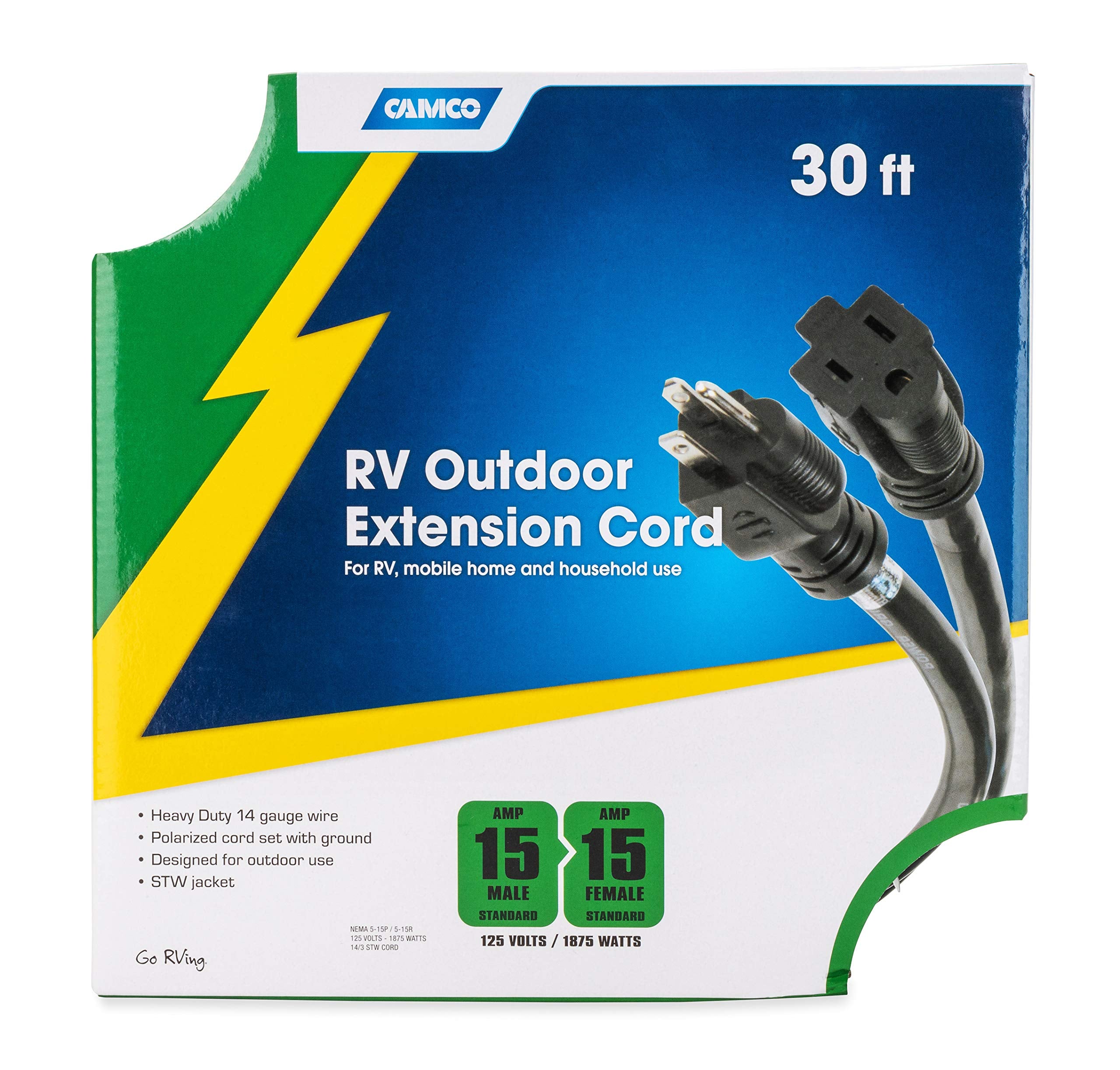 Camco 30-Ft 15 Amp Rv Extension Cord - Rated For 125V / 1,857W - Features Heavy Duty 14-Gauge Copper Wire For Superior Conductiv