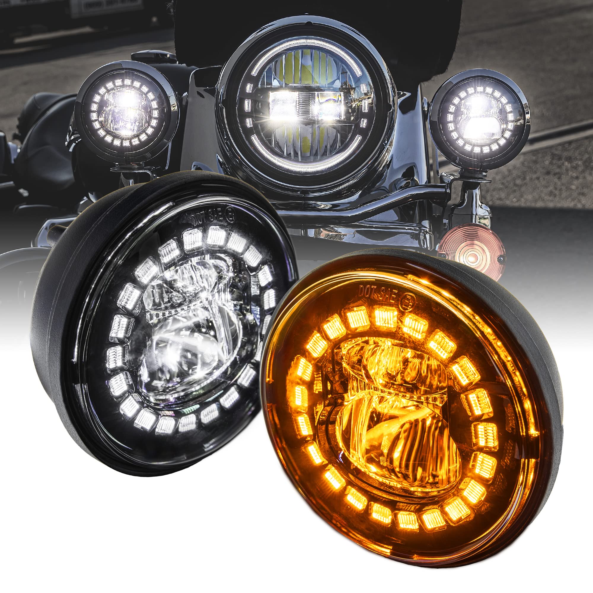 True Mods 2Pc Black 4.5'' Led Passing Fog Lights For Harley Davidson Motorcycles [White Halo Drl & Amber Turn Signals] [Advanced