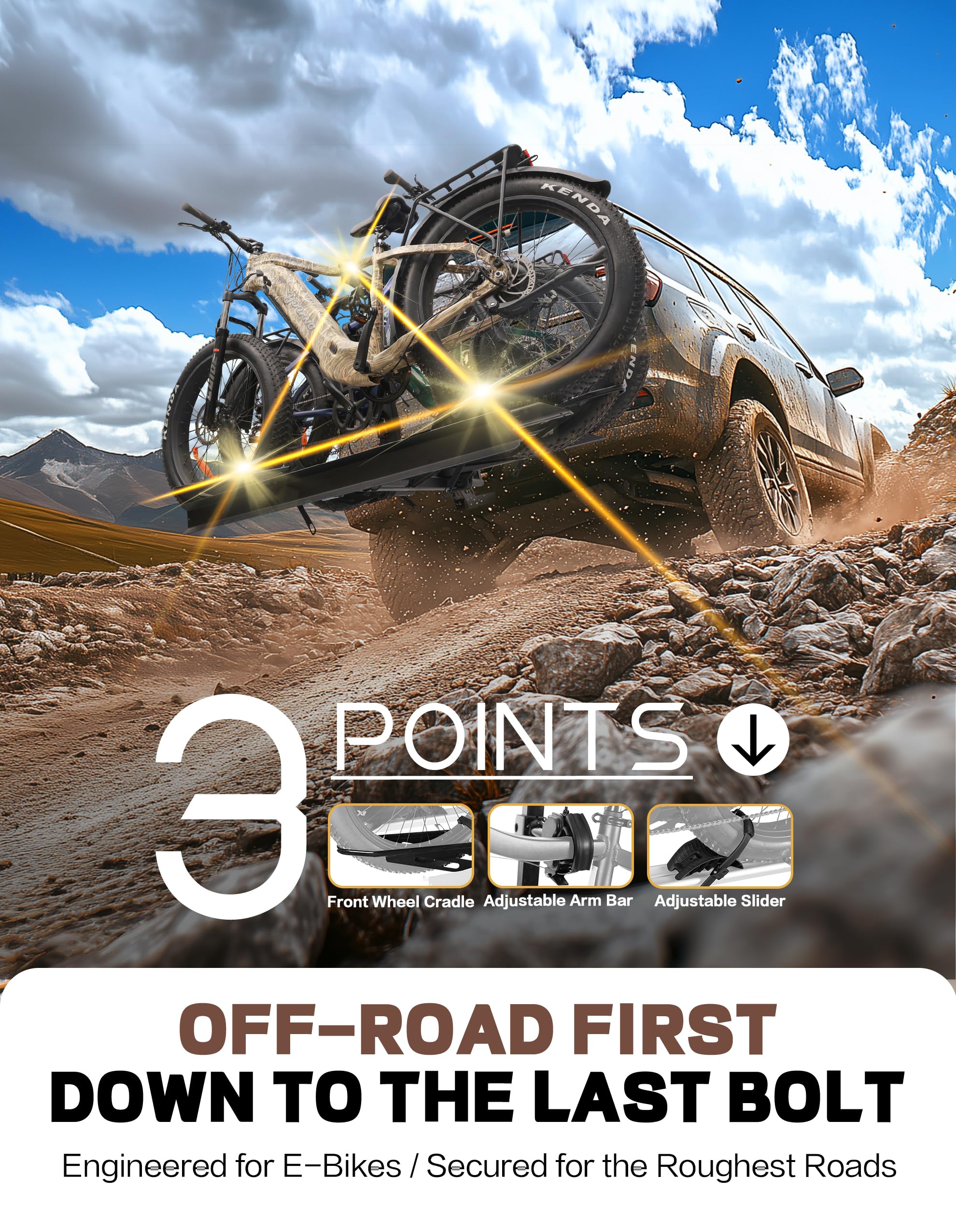 YOUNG ELECTRIC 250LBS. Capacity Foldable Aluminum 3-Ebike Rack with Ramp for Car SUV RV Truck Trailer and Van, 2 Inch Receiver