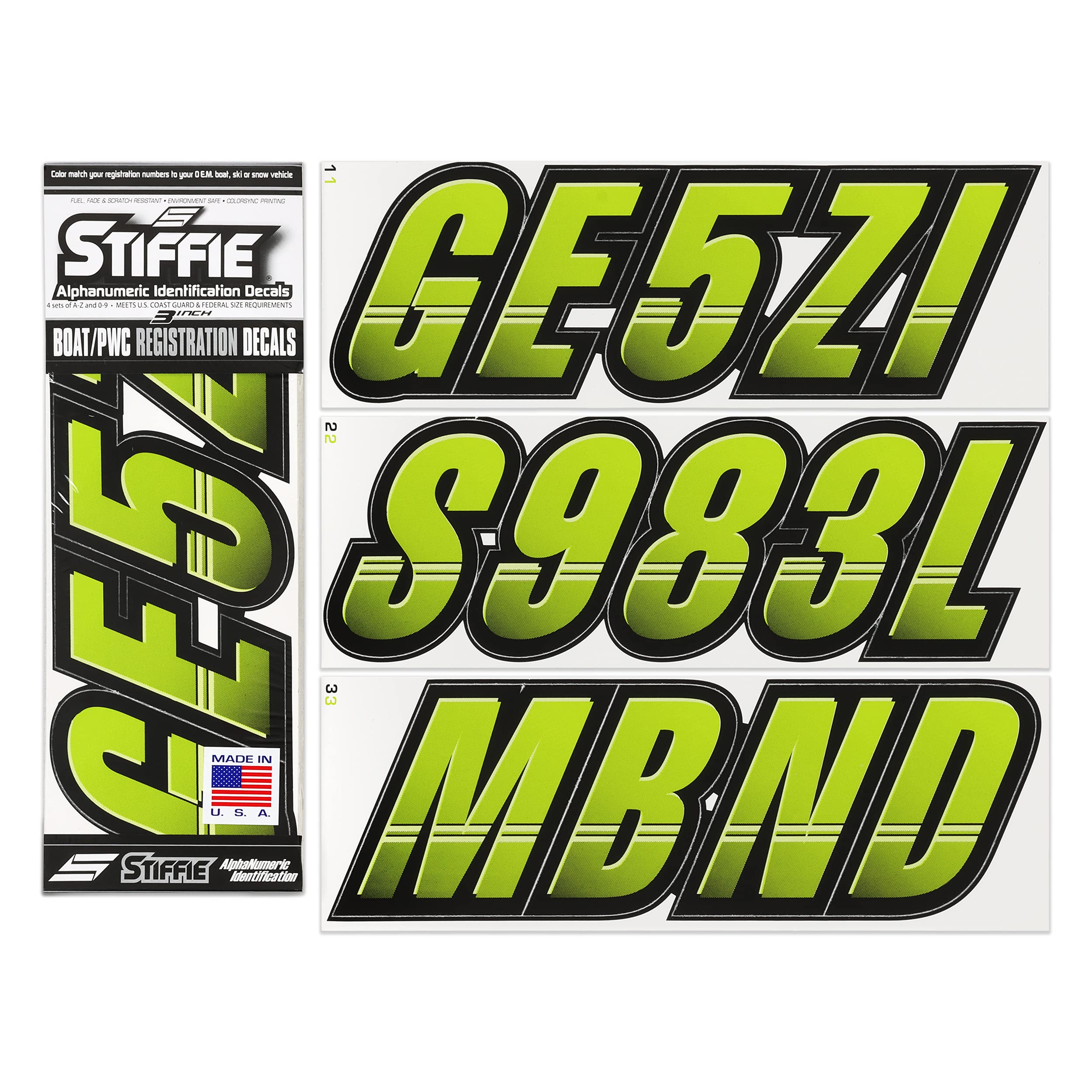Stiffie Techtron Atomic Green/Black 3 '' Boat & Pwc Registration Decals  Numbers Letters Stickers