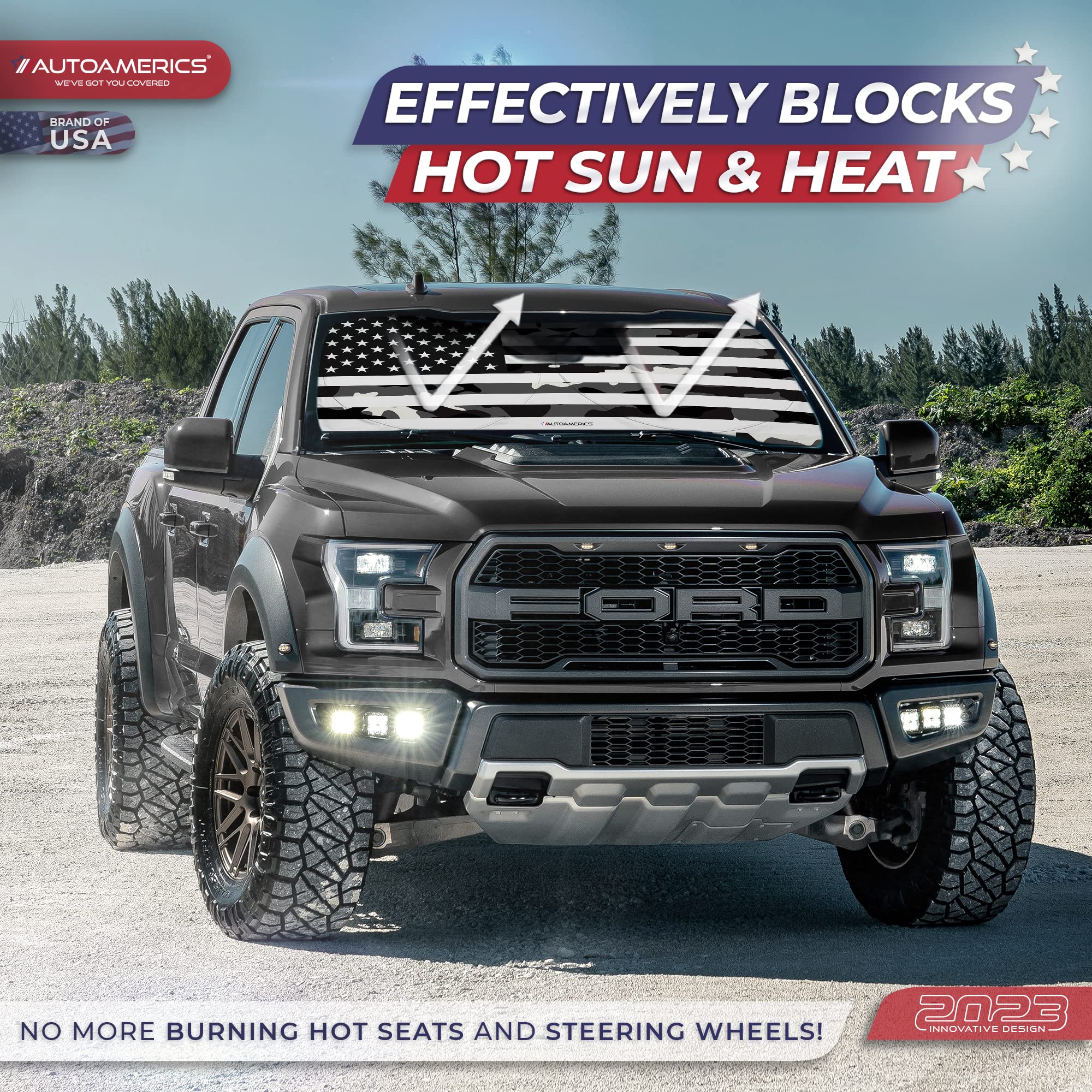 Autoamerics 1-Piece Windshield Sun Shade B&W Camo American Flag Usa Design - Foldable Car Front Window Sunshade For Most Sedans