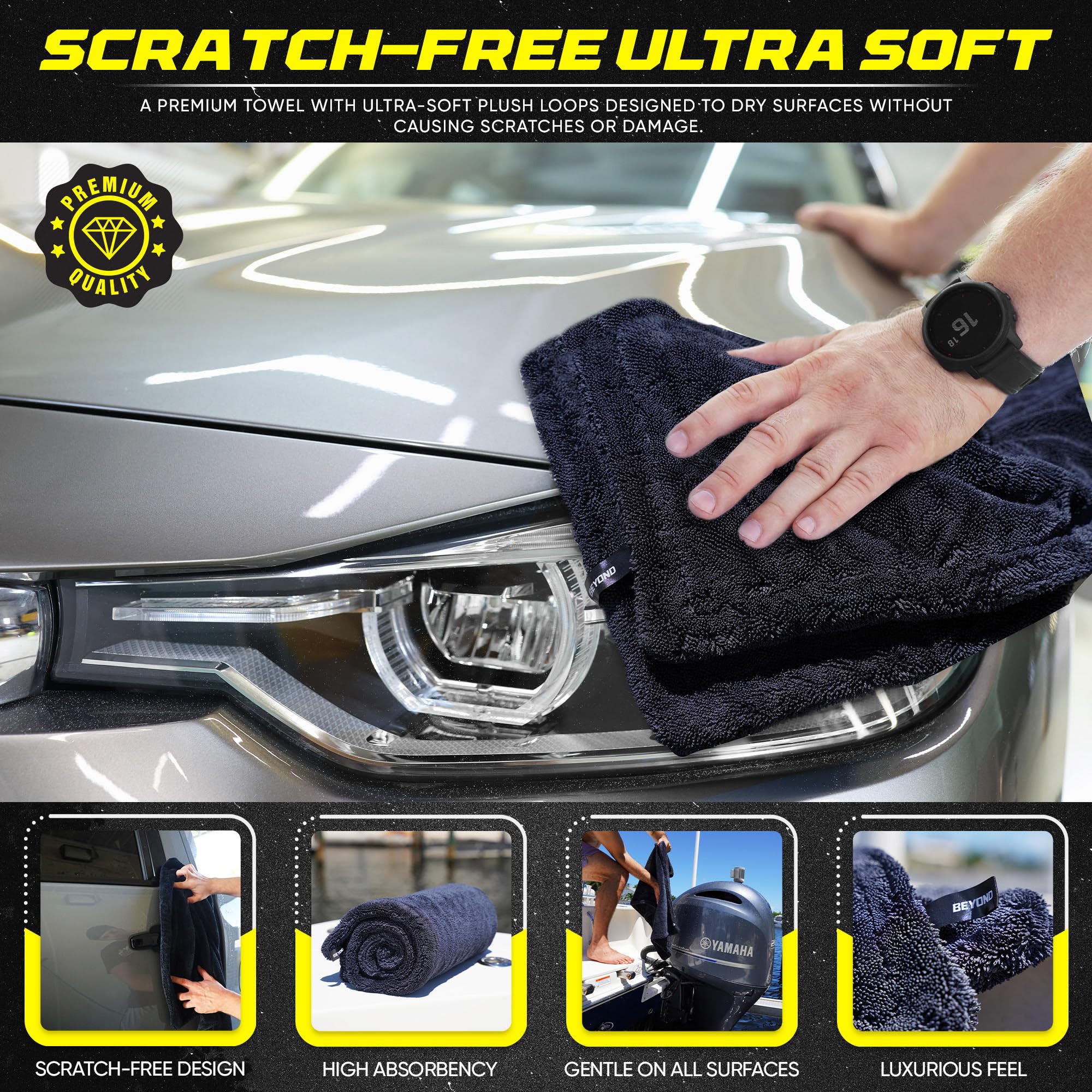 Beyond Braid Super Absorbent Microfiber Towel - 24x36 Black, Twisted Loop Technology, Scratch & Streak Free, Ideal for Cars & Boats