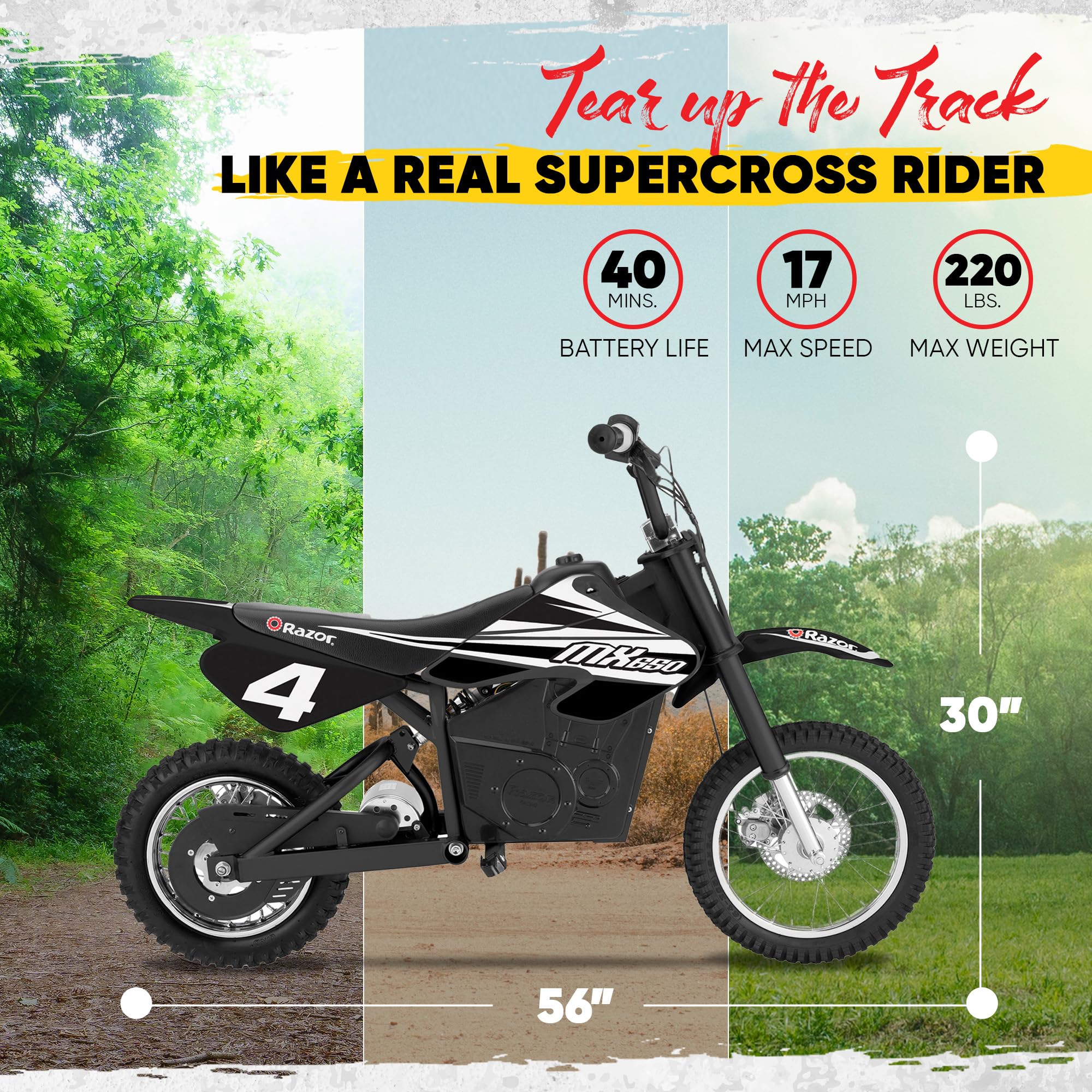 Razor Mx650 Dirt Rocket High-Torque Electric Motocross Dirt Bike With Speeds Up To 17 Mph For Uphill And Off-Road Conditions, Bl
