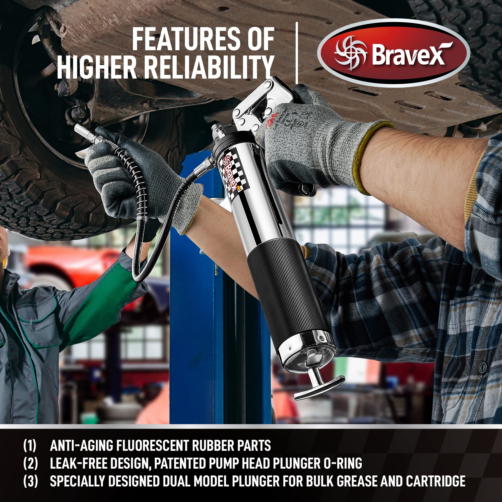 Bravex Pistol Grip Grease Gun Heavy Duty Professional 6000 Psi W/Quick Release Coupler - 18 Inch Flex Hose