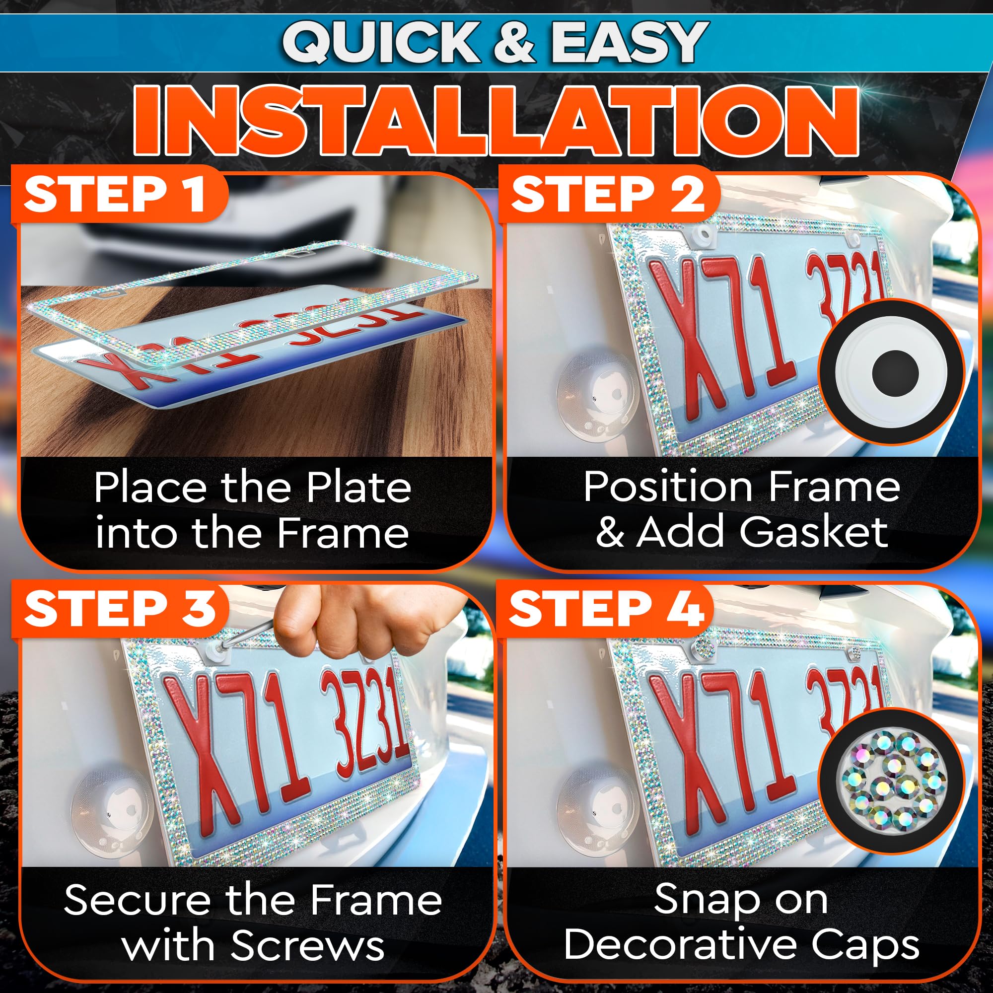 2 Pack Bling License Plate Frames for Women - Sparkling Rhinestone License Plate Frame (12.16'' x 6.18'') with Screws & Caps for