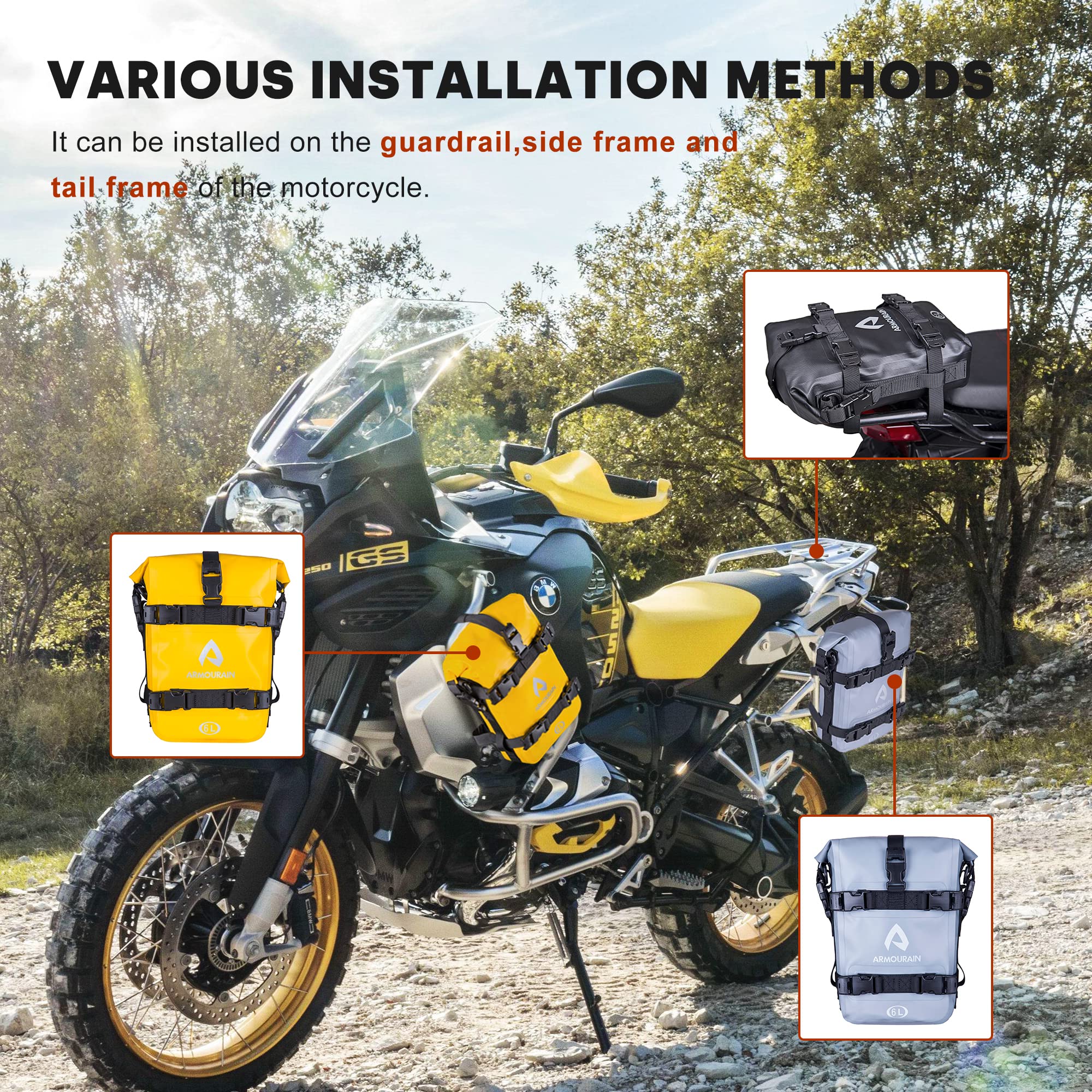 Armourain Motorcycle Bumpers Bag Waterproof 6L Motor Crash Bar Bag With Shoulder Strap Motorcycles Side Frame Bag Riding Tools Accessories (Pvc Yellow)