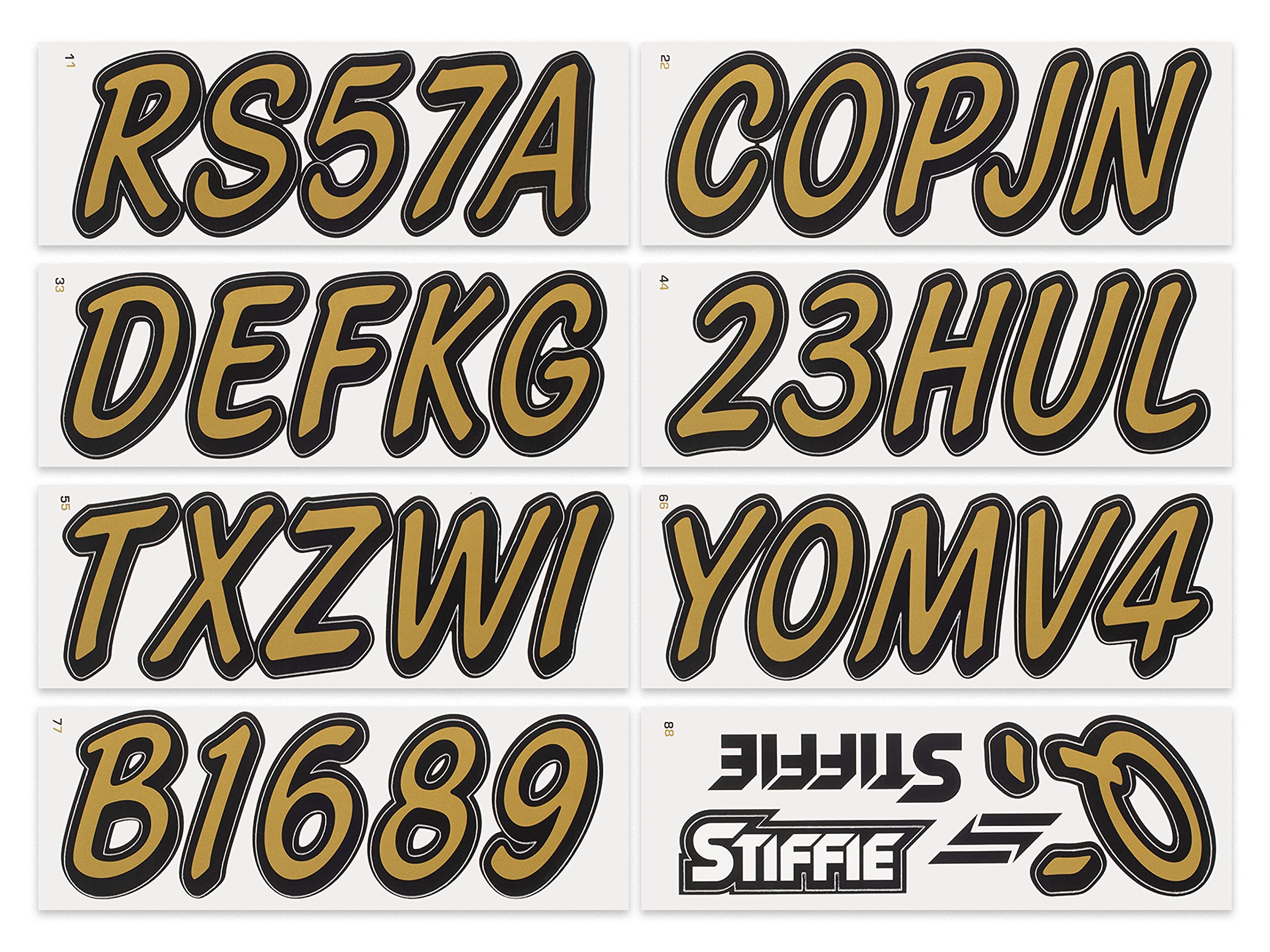 Stiffie Whipline Solid Metallic Gold/Black 3 Alpha-Numeric Registration Identification Numbers Stickers Decals For Boats & Personal Watercraft