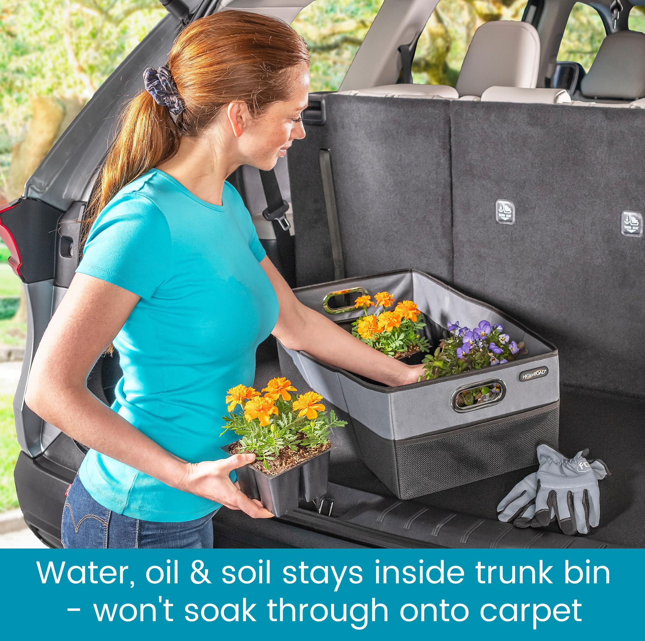 High Road Cargocube Car Storage Bin - Leakproof Car Trunk Storage Organizer With Metal Handles And Front Mesh Pocket, 12X24 Inch