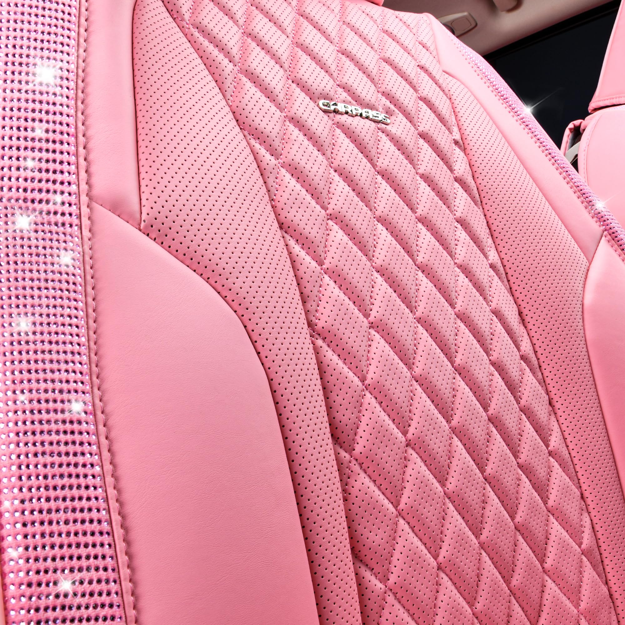 Car Pass Bling Pink Nappa Leather Car Seat Covers For Front Seats, Waterproof Heavy-Duty Anti-Slip, Universal Fit For 95% Auto S