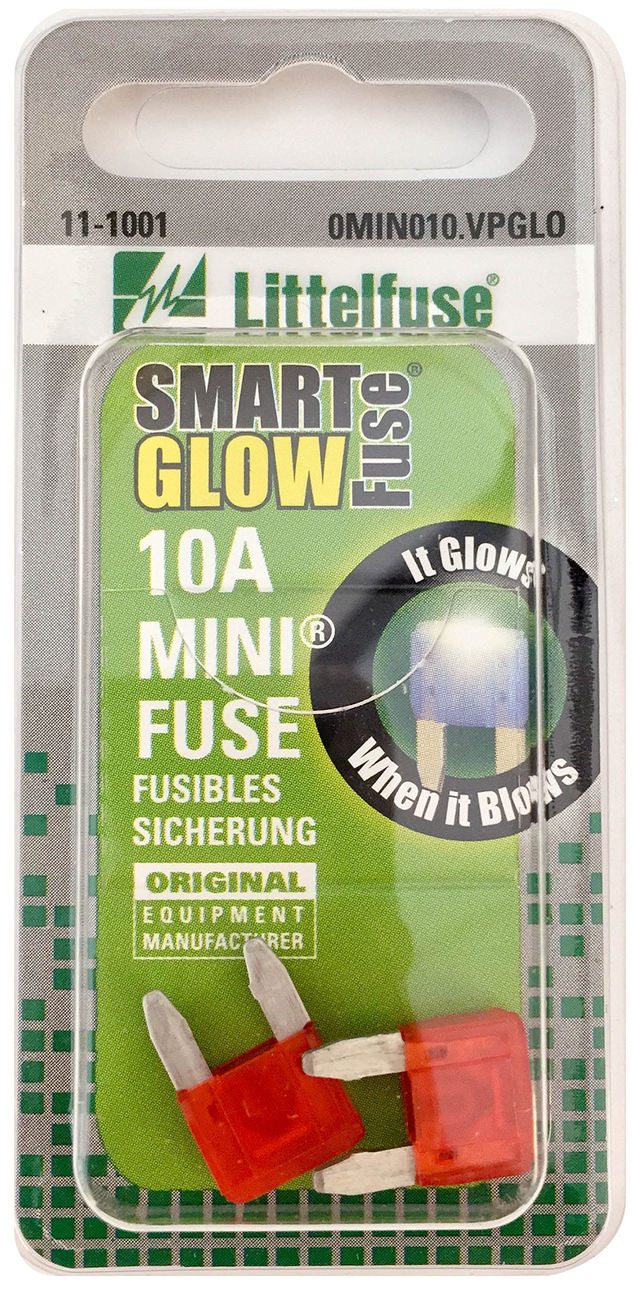 Littelfuse 0MIN010.VPGLO MINI SmartGlow 12 Volt DC 10 Amp Fuse, (Pack of 2)