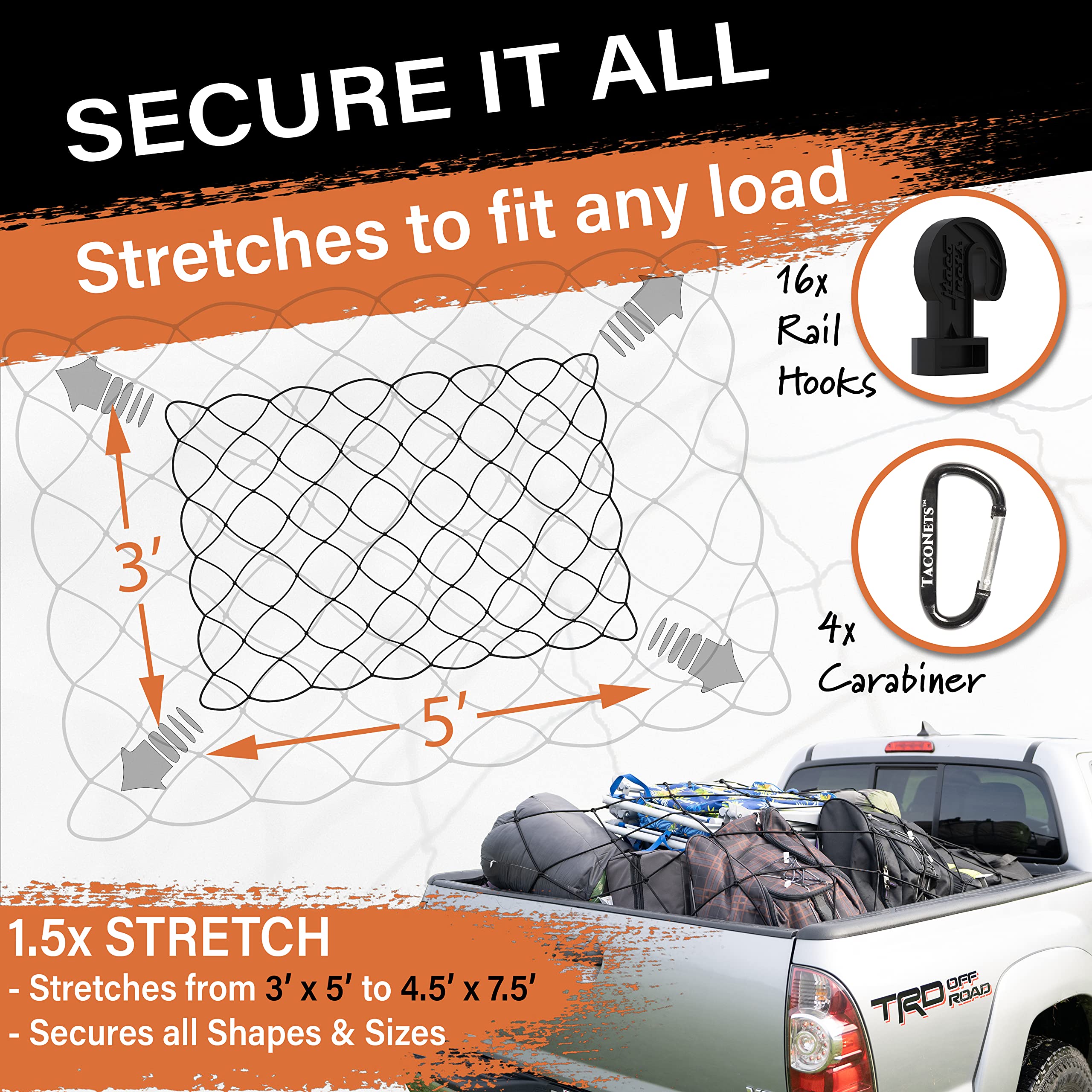 TacoNets Toyota Tacoma Long Bed Cargo Net - Patent Pending Design - Fits 2005-2023 - Heavy Duty 8mm Premium Bungee 3'x5' Cargo N