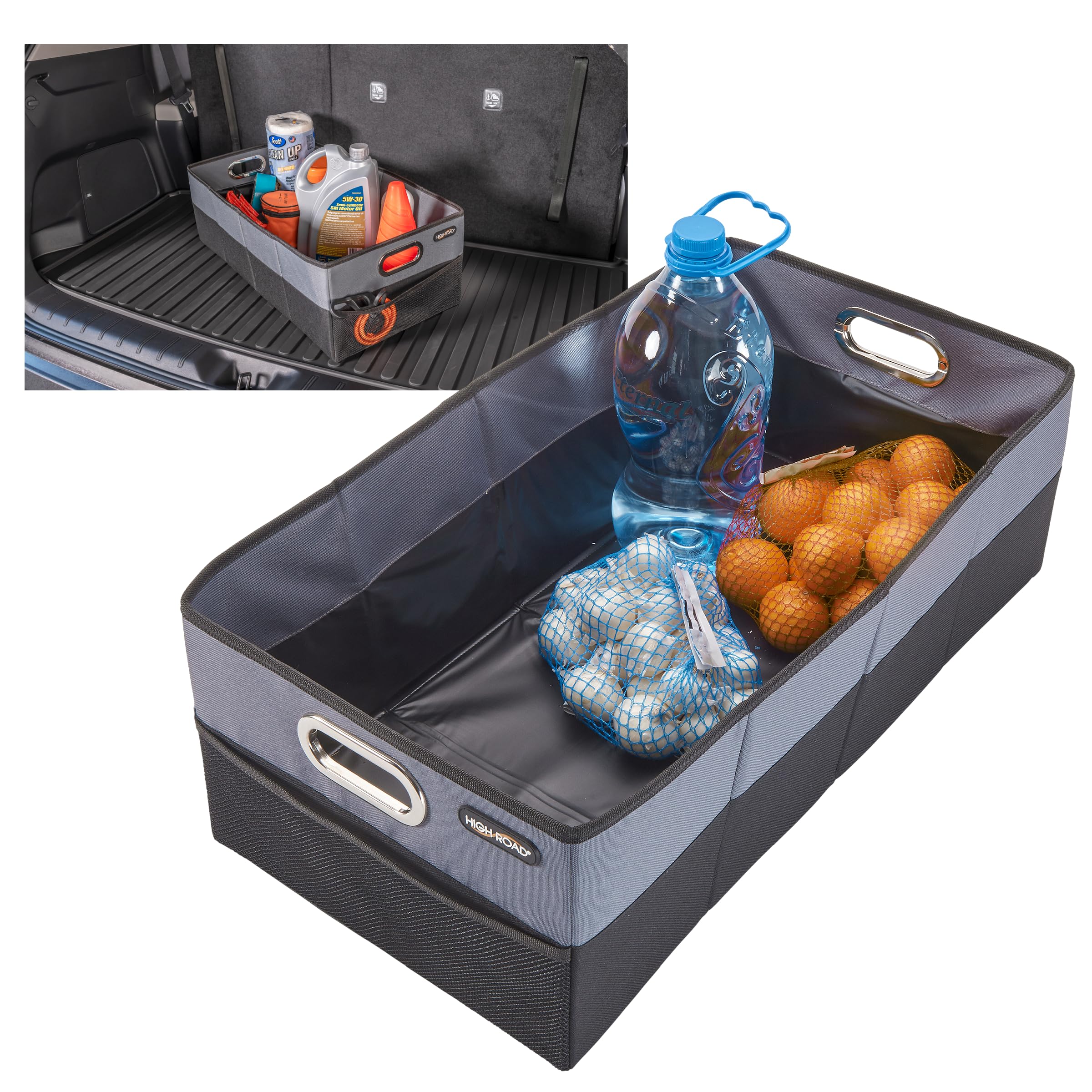 High Road Cargocube Car Storage Bin - Leakproof Car Trunk Storage Organizer With Metal Handles And Front Mesh Pocket, 12X24 Inch