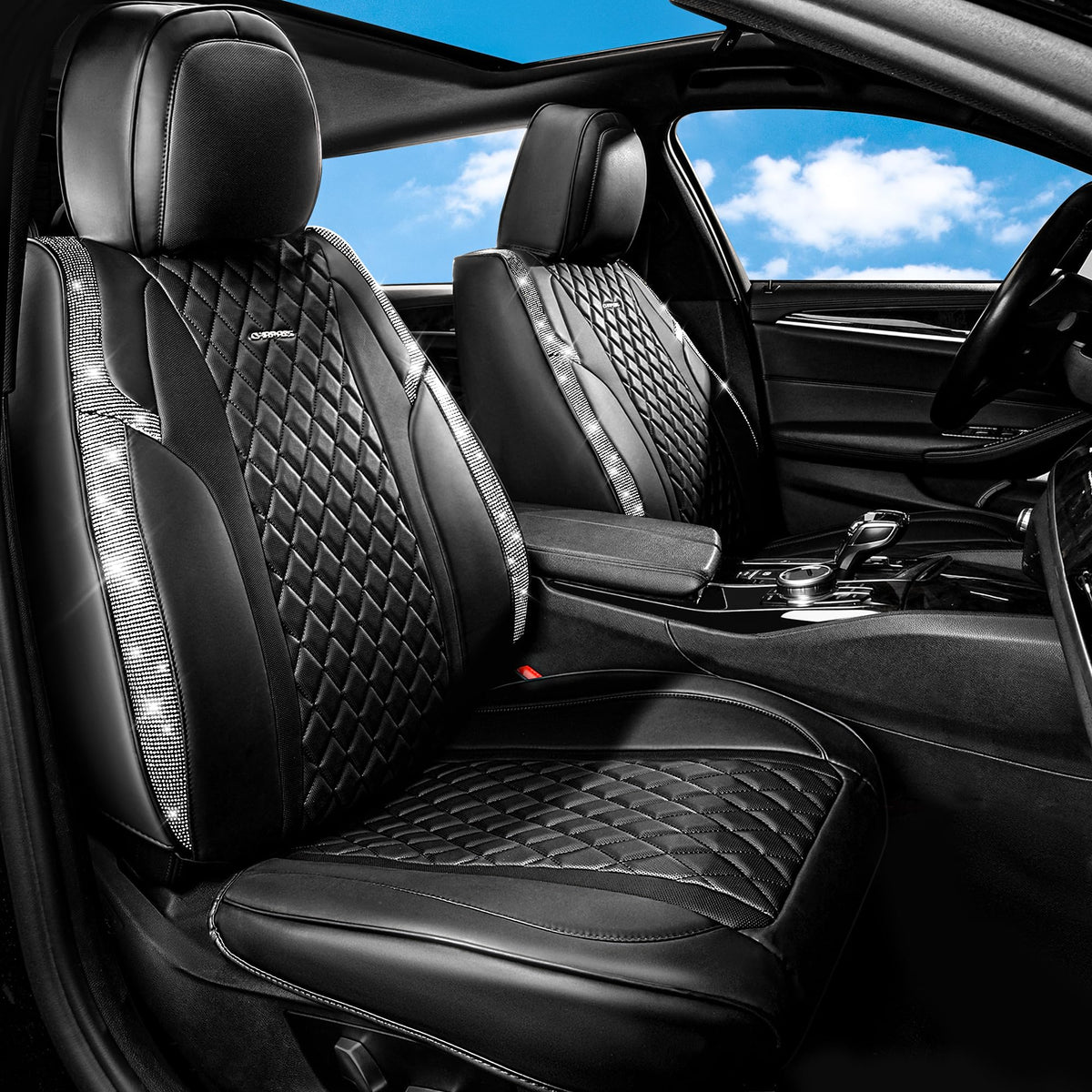 Car Pass 1 Pair Shining Rhinestone & Nappa Leather Bling Seat Covers Cushioned Front Only,Waterproof&Heavy-Duty Anti-Slip Univer