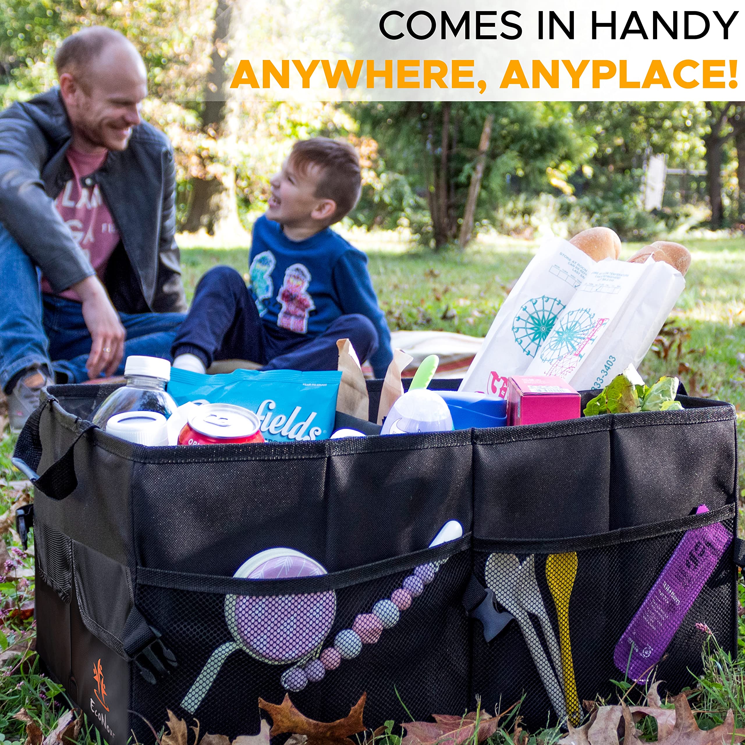 EcoNour Car Storage Organizer, Collapsible Multi Compartment SUV Trunk Organizer, Non Slip Bottom, Adjustable Securing Straps (Black, Standard Size)