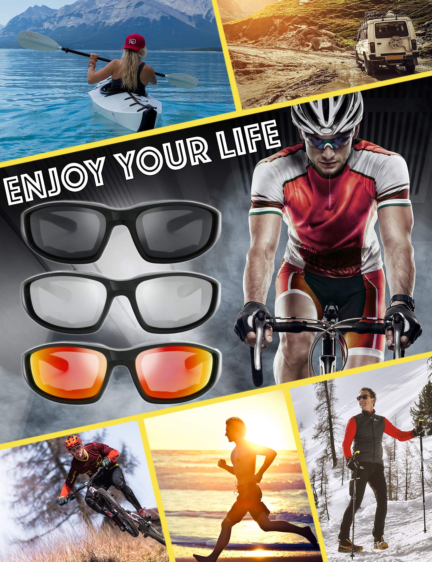 The Fresh Motorcycle Riding Glasses Padded Frame Lens Block 100% Uvb For Outdoor Activity Sport (1404-Shiny Black, Grey, Silver