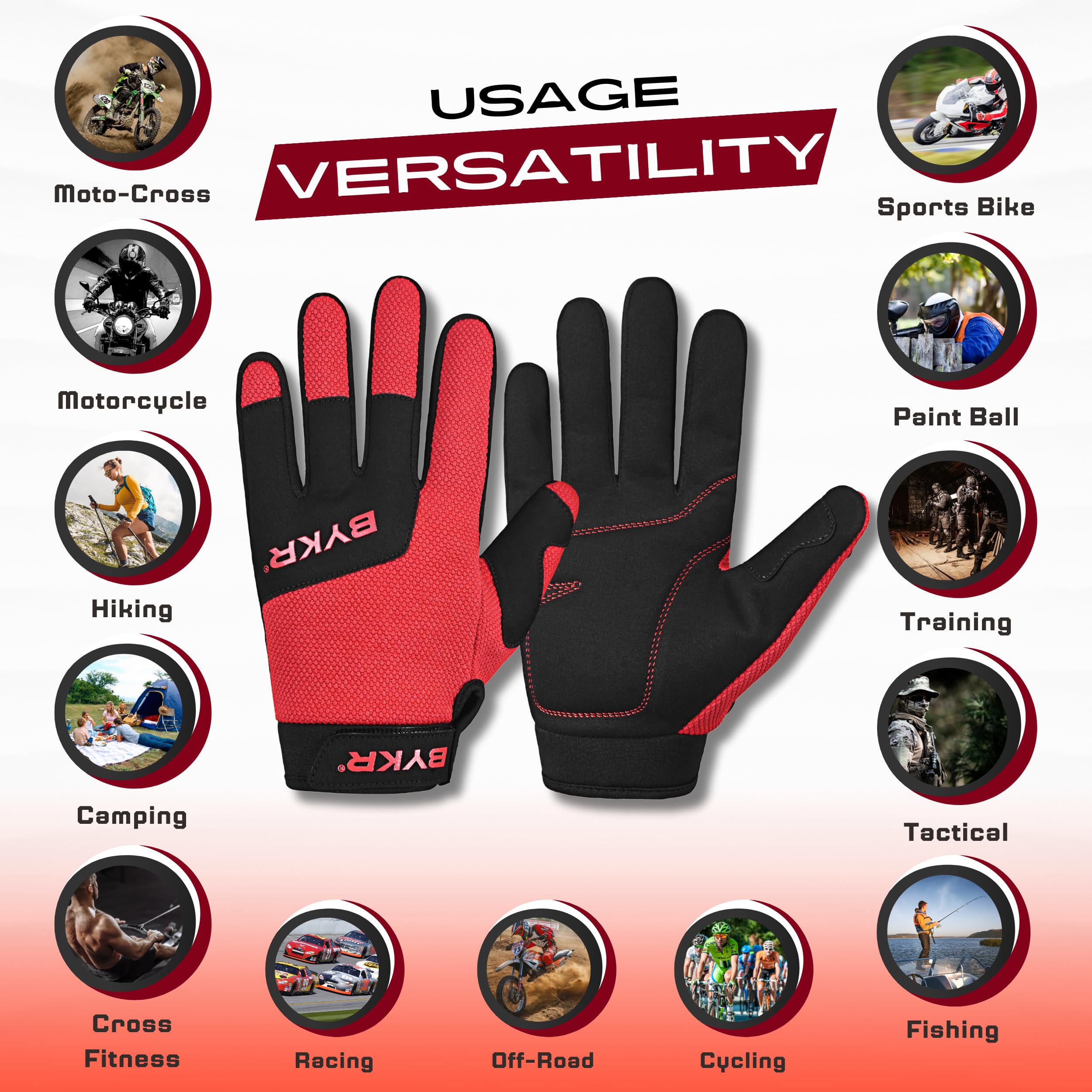 Bykr All-Weather Motorcycle Gloves For Men & Women - Protection For Dirt Bike, Bmx, Mx, And Atv Riding - Red L