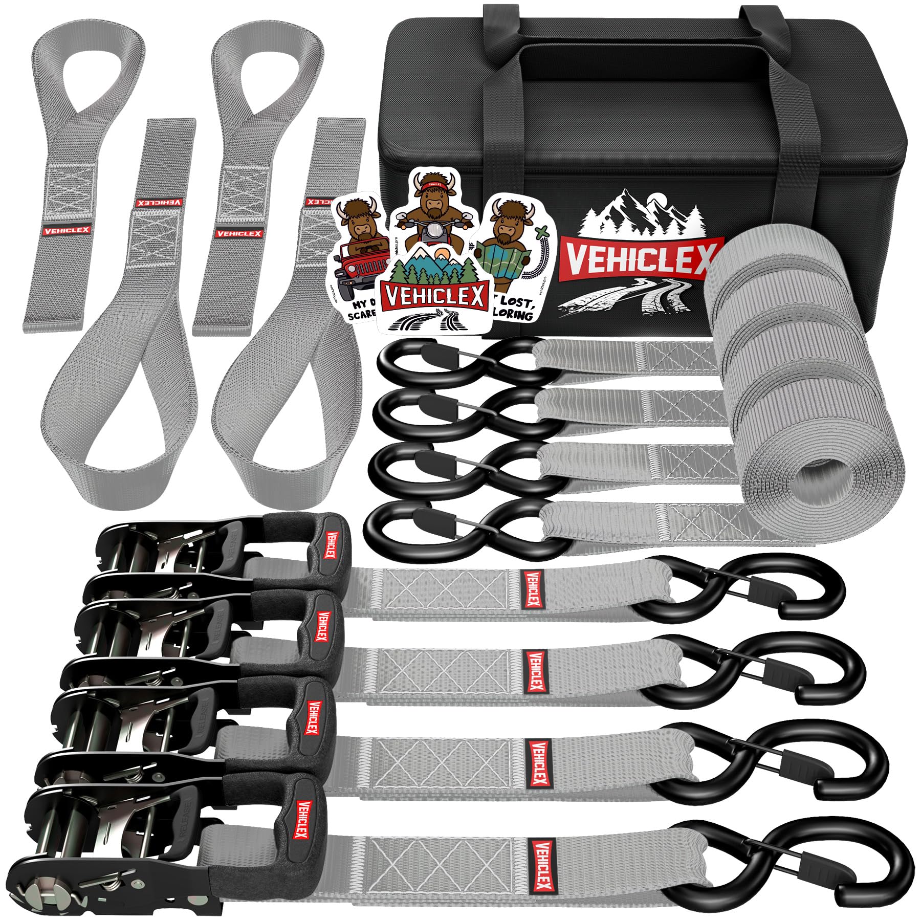 Vehiclex Motorcycle Ratchet Tie Down Straps With Soft Loops - 4Pk Heavy Duty 1.5'' X 8Ft Kit, 4,400 Lb Breaking Strength For Pow