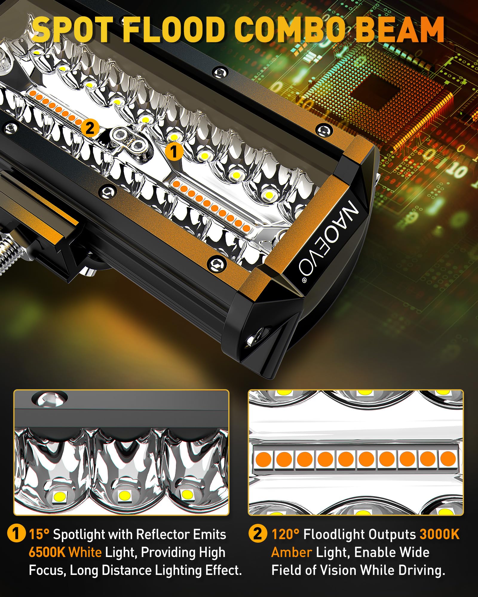 Naoevo 7 Inch Led Light Bar, White Amber Offroad Fog/Driving Lights Led Pods With Strobe/Memory Function, 2 Leads Wiring Harness