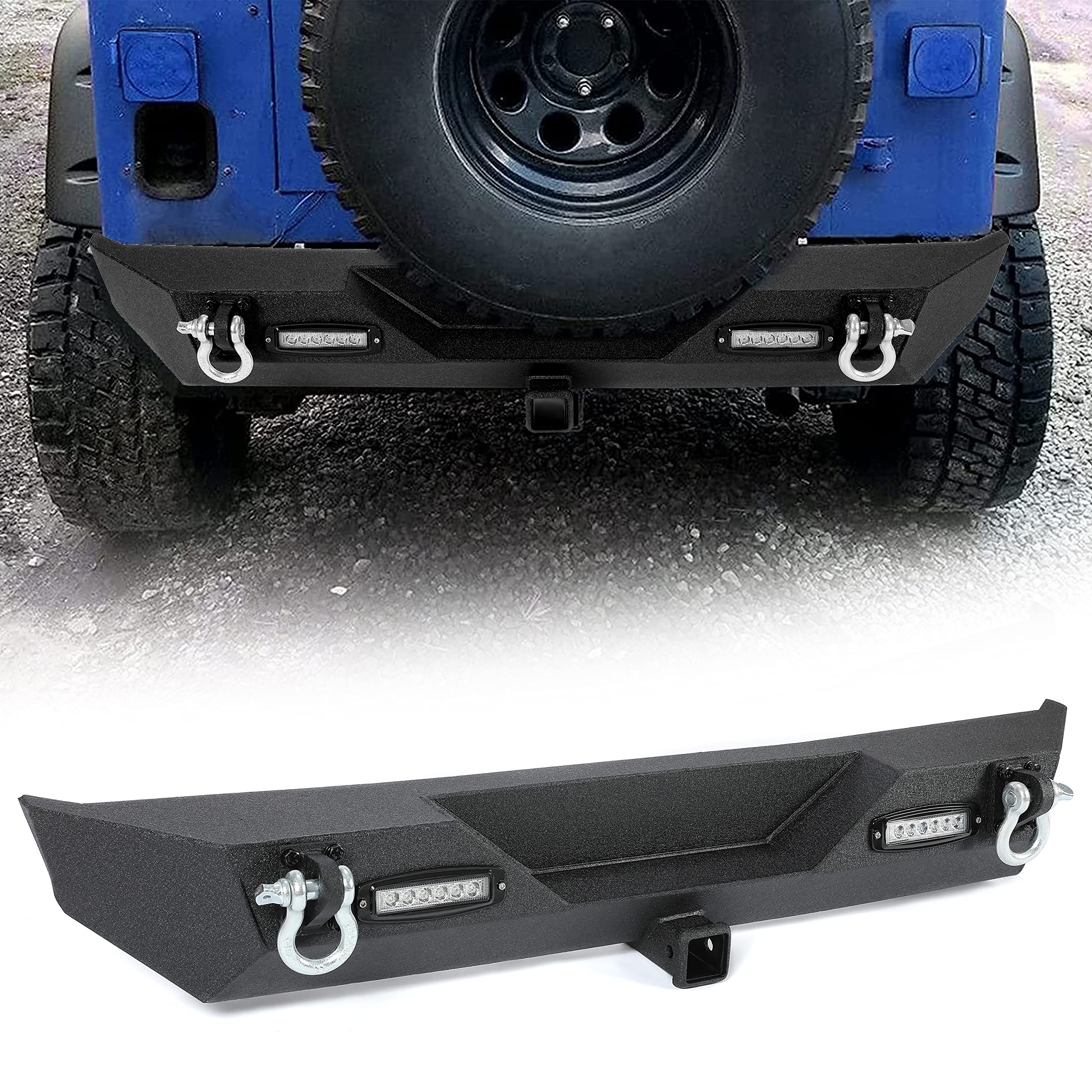 Kuafu Rear Bumper Compatible With 1987-2006 Jeep Wrangler Tj Yj With Led Lights 2 Hitch Receiver D-Rings Off-Road Style Black Texture