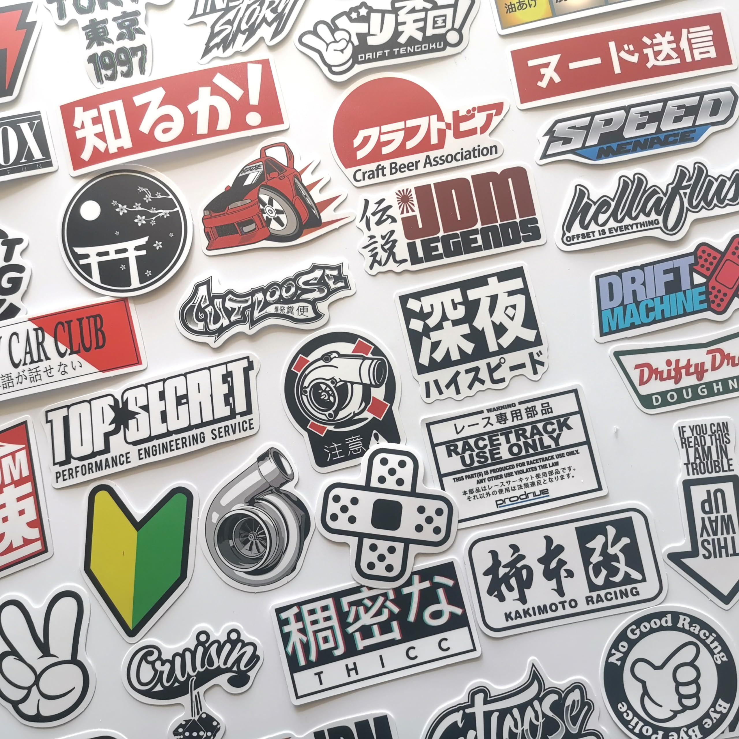 50Pcs Funny JDM Stickers Japanese Racing Graphics for Cars Motorcycle Helmet Decals Drift Slammed Auto Race Motors Motorbike Dec