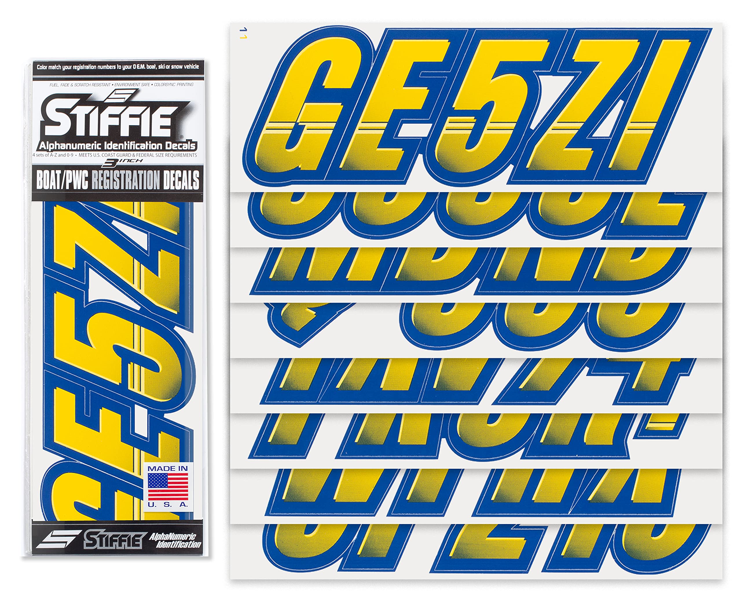 Stiffie Techtron Yellow/Navy 3 '' Boat & Pwc Registration Decals  Numbers Letters Stickers