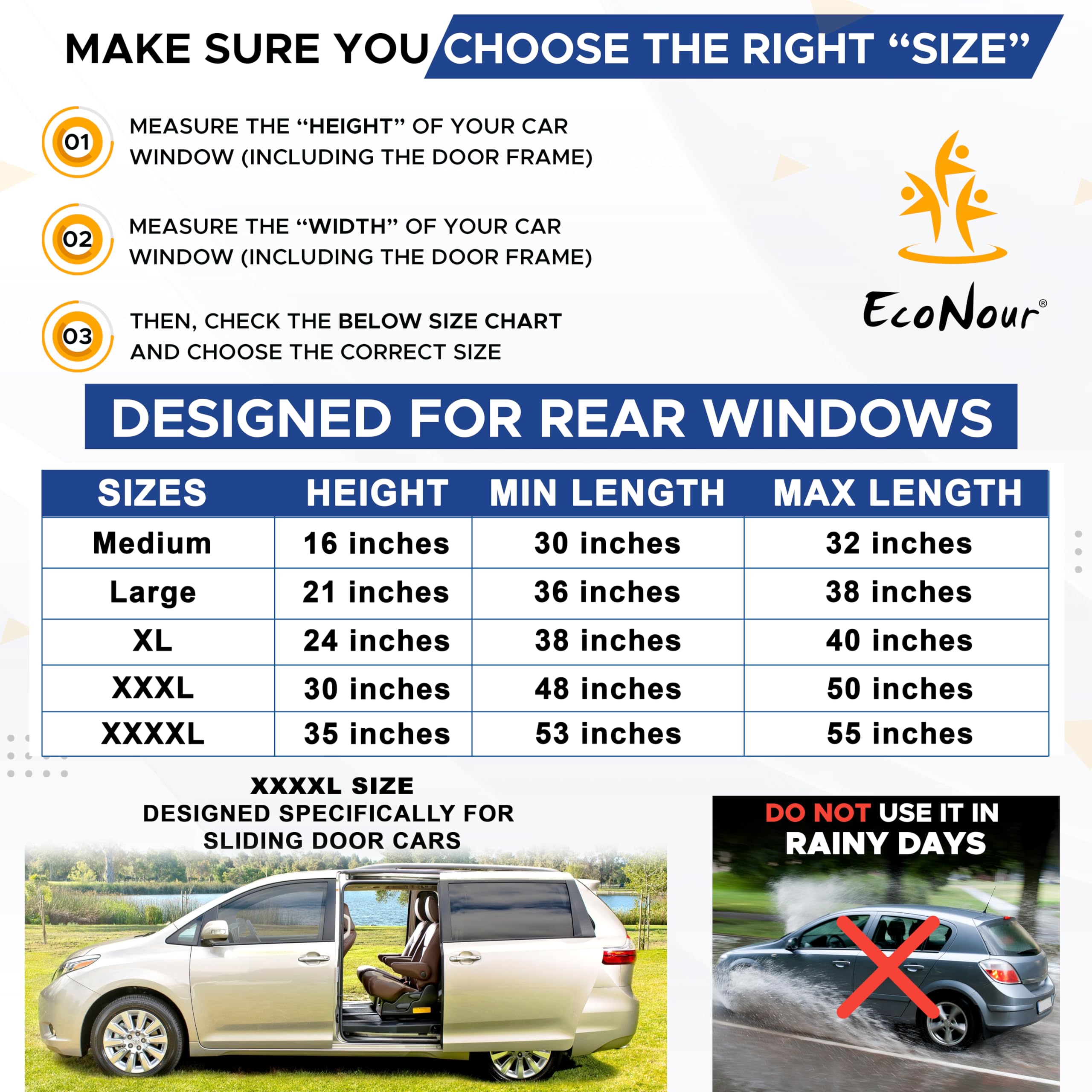 Econour Car Side Window Sun Shade (Pack Of 2) | Stretchable & Breathable Car Window Screens For Complete Sun & Privacy Protection | Fits Most Truck, Suv And Minivan (Xl 42 X 24)