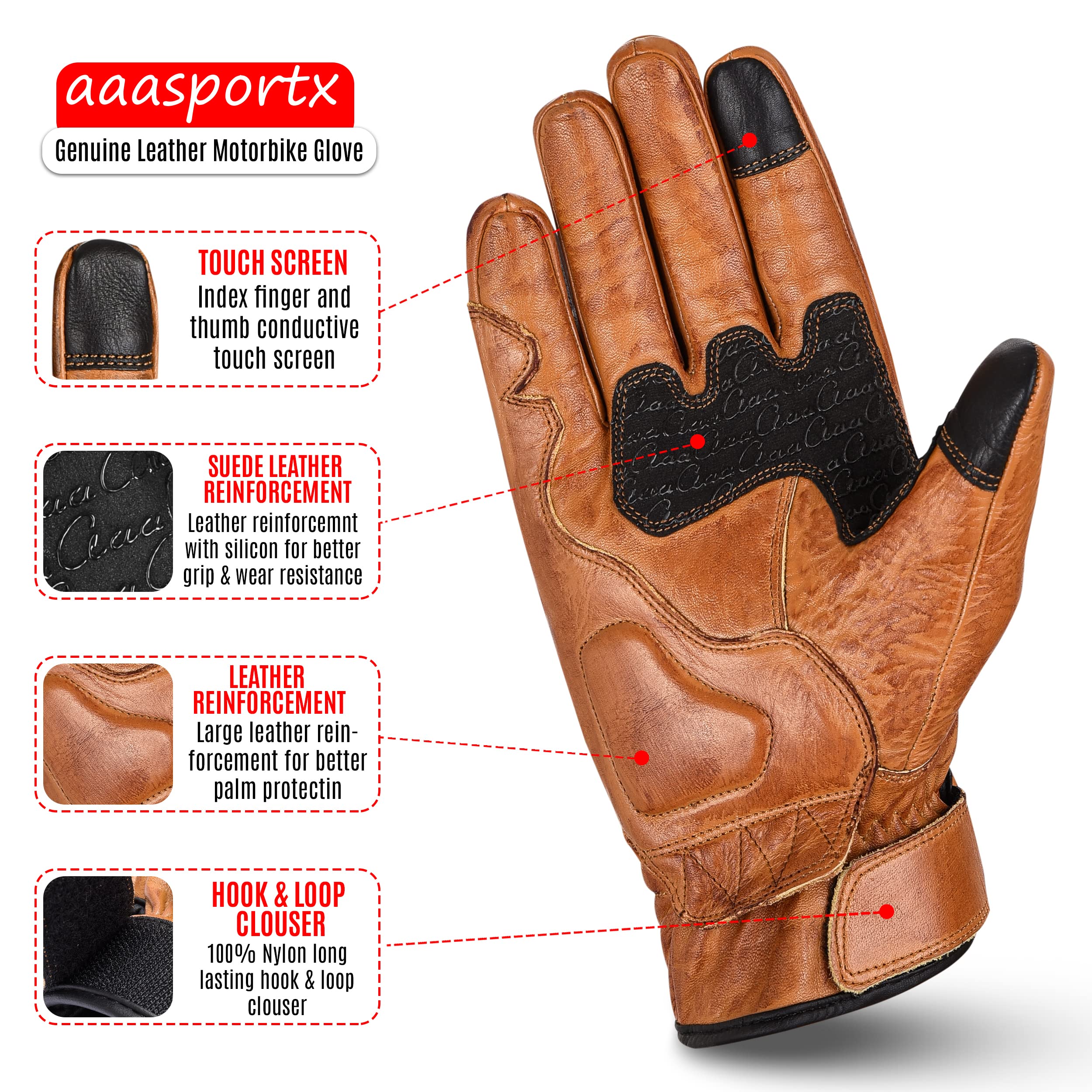 Aaasportx Motorcycle Gloves Leather With Touchscreen Function - Protectors Motorcycle Gloves For Men And Women For All Weather -