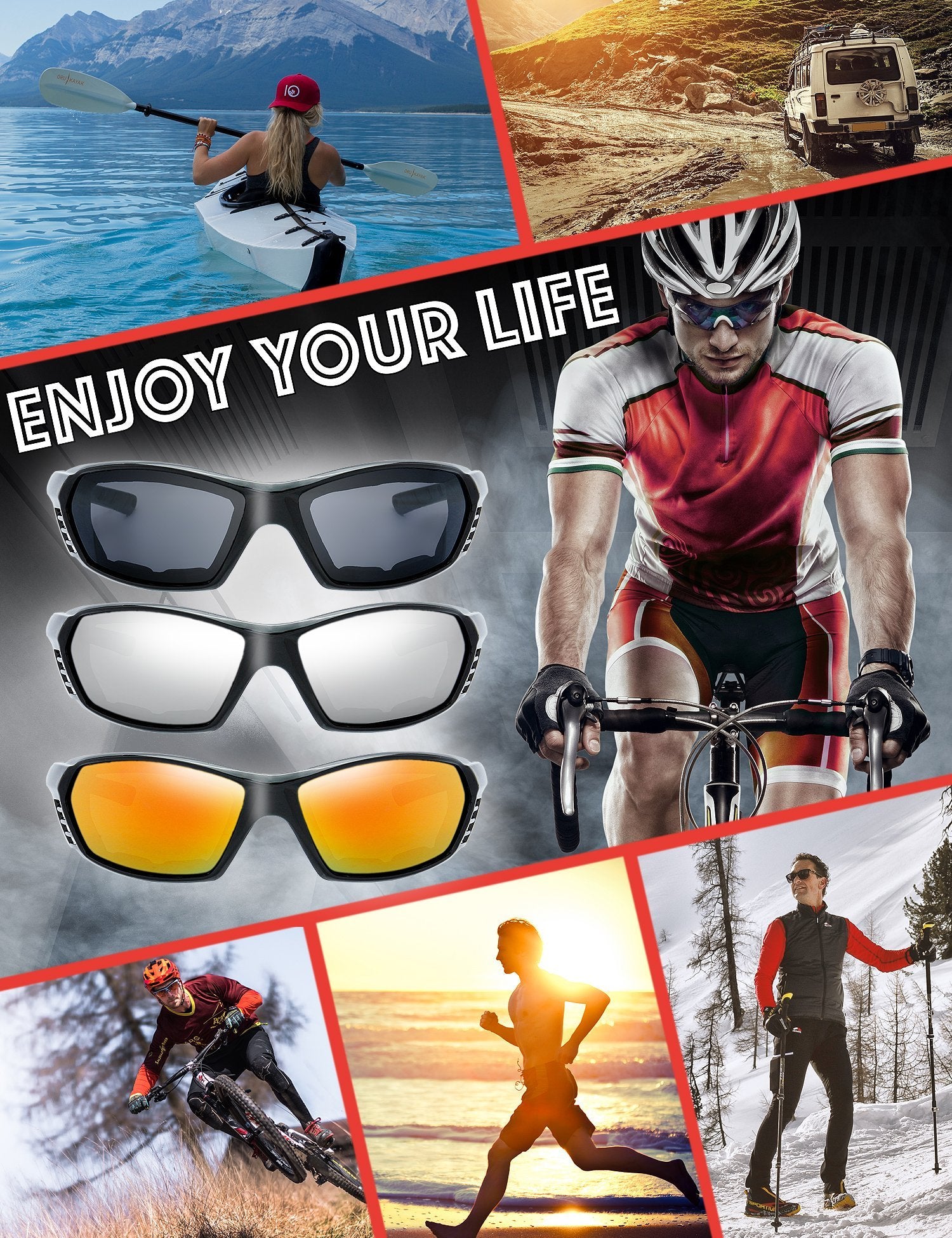 The Fresh 3 Pairs Motorcycle Riding Glasses Padded Frame Lens Block 100% UVB for Outdoor Activity Sport (11-Shiny Black, Grey, S